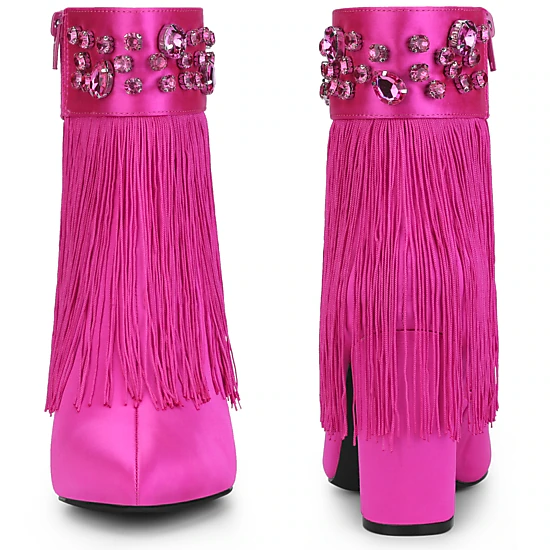 BLISSFUL STEP Women Pointed Toe Fringe Rhinestone Chunky Heel Ankle Boots