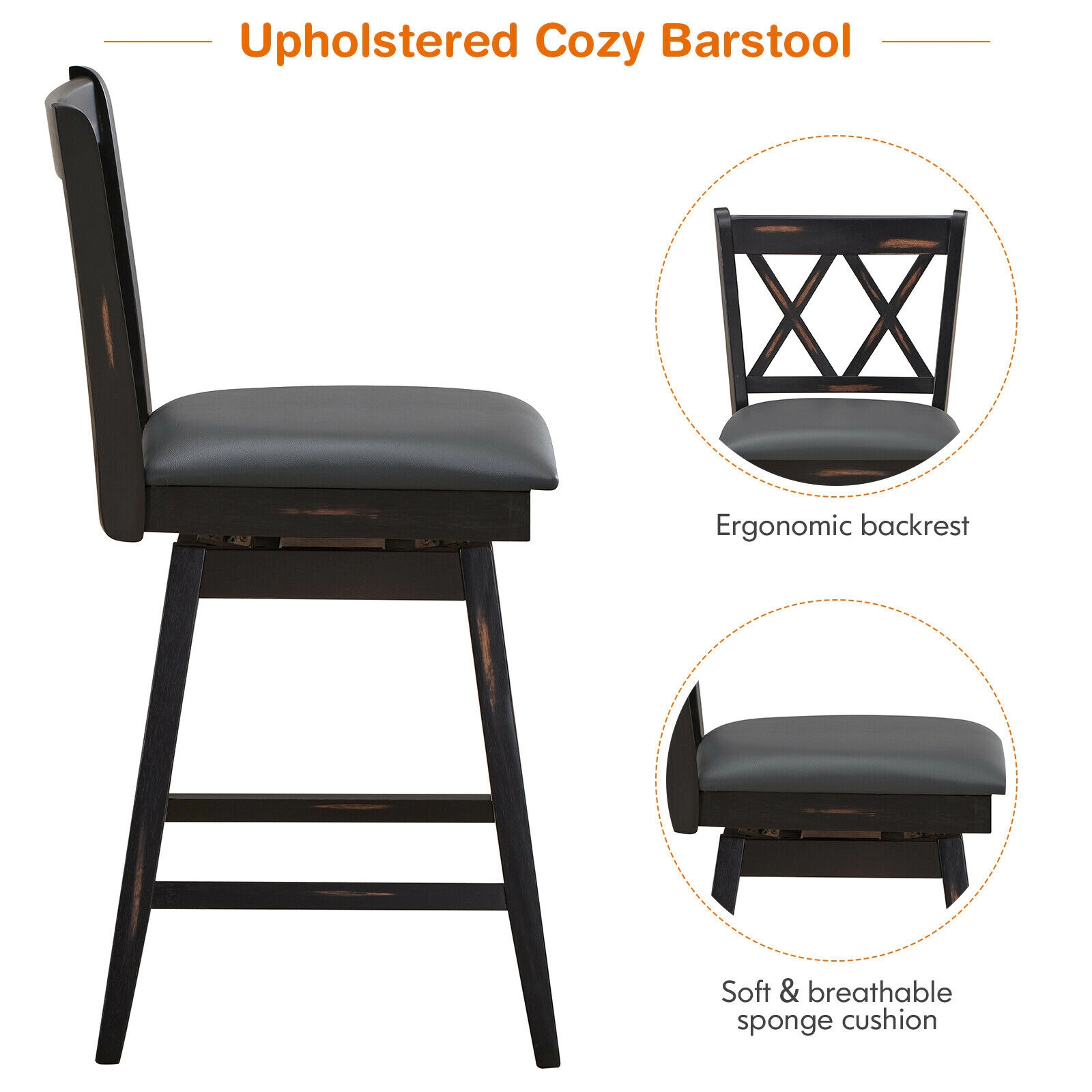 Glintex 2-Piece 24-Inch Swivel Counter Stool Set with Padded PVC Back, Black