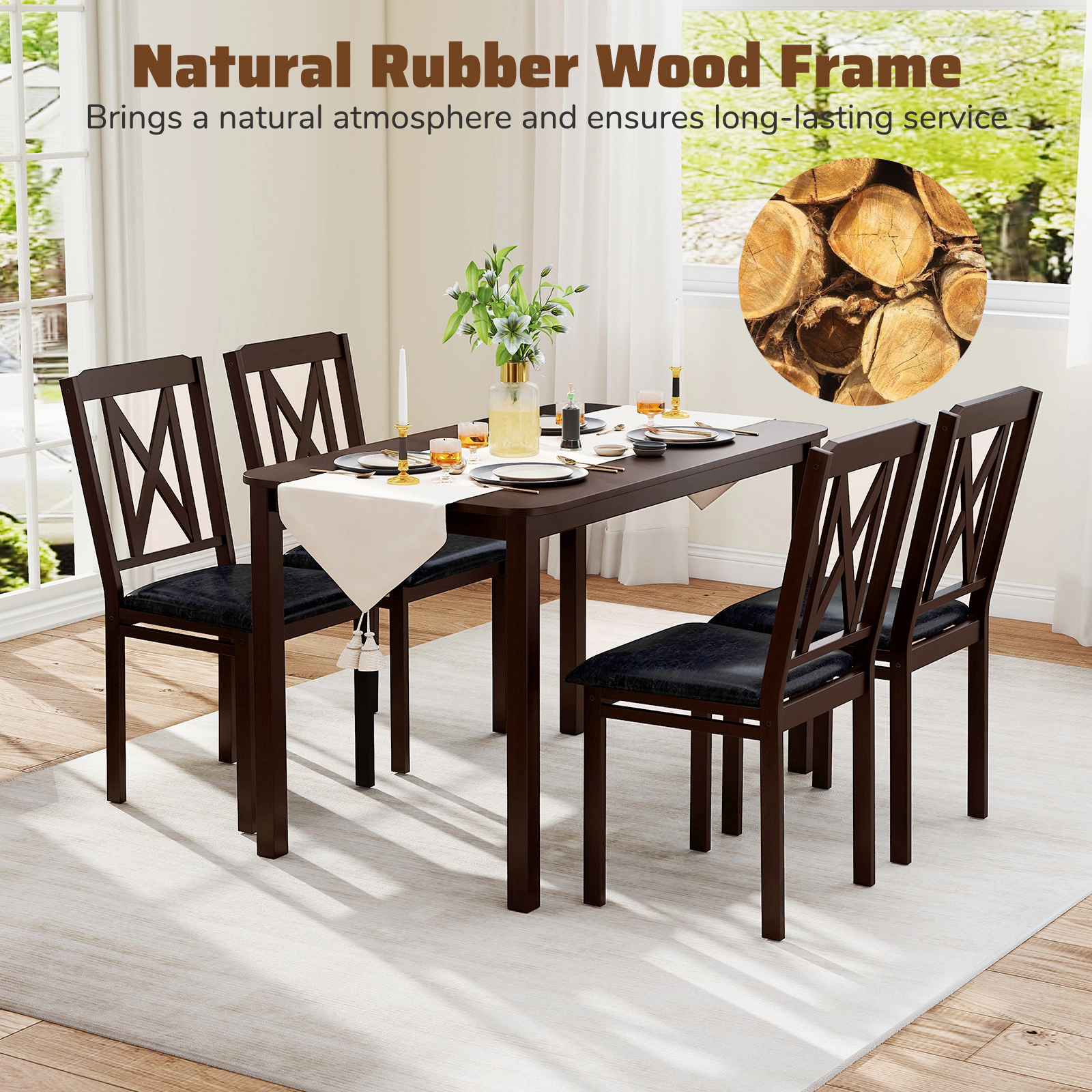 SUGIFT 5-Piece Dining Table Set for 4, 47-Inch Table, Faux Leather Chairs, Rubber Wood Legs