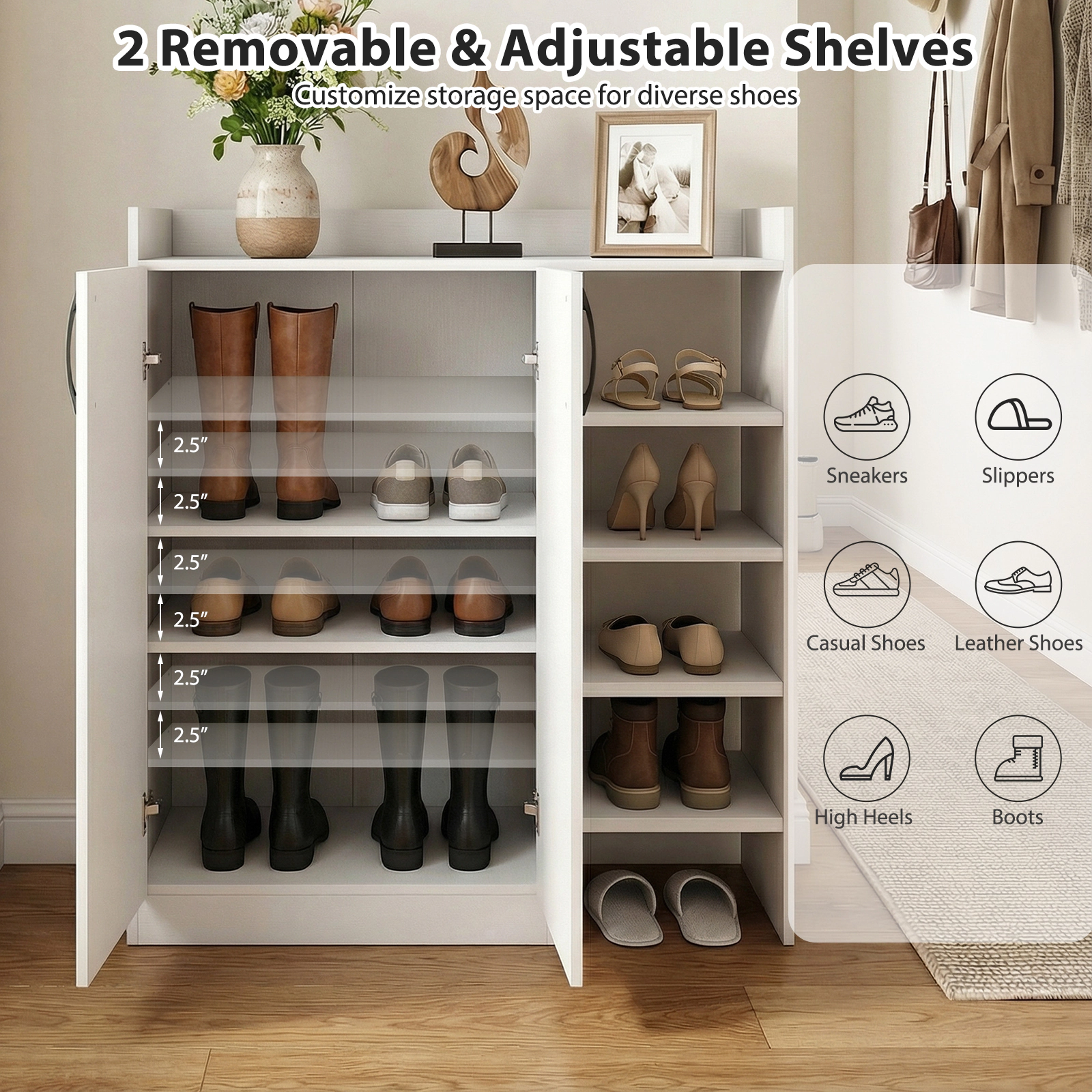 SUGIFT White 2 Doors and 2 Adjustable Inner Shelves Entryway Shoe Organizer Shoe Cabinet