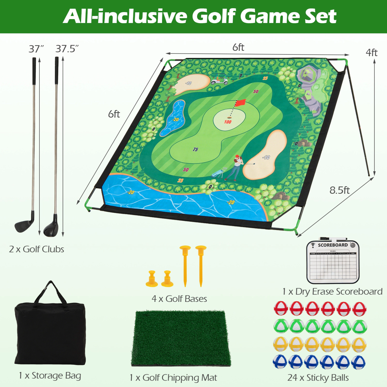 LJG 71 x 71 Inches Golf Chipping Game Set for Indoor and Outdoor Practice