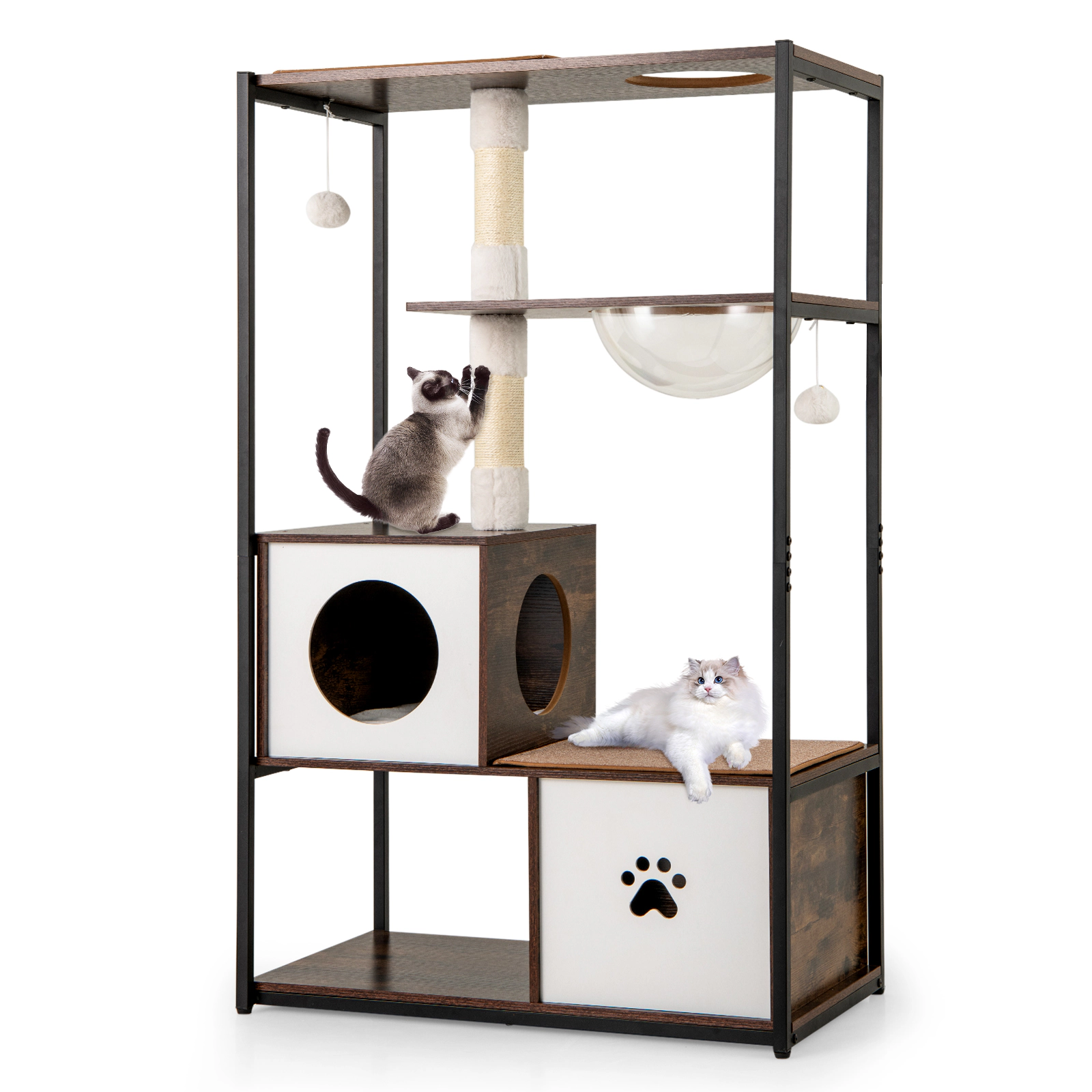 SUGIFT 52-in Coffee Wooden Cat Tree with Metal Frame 2 Condos Faux Rabbit Fur Cushions and Footpads