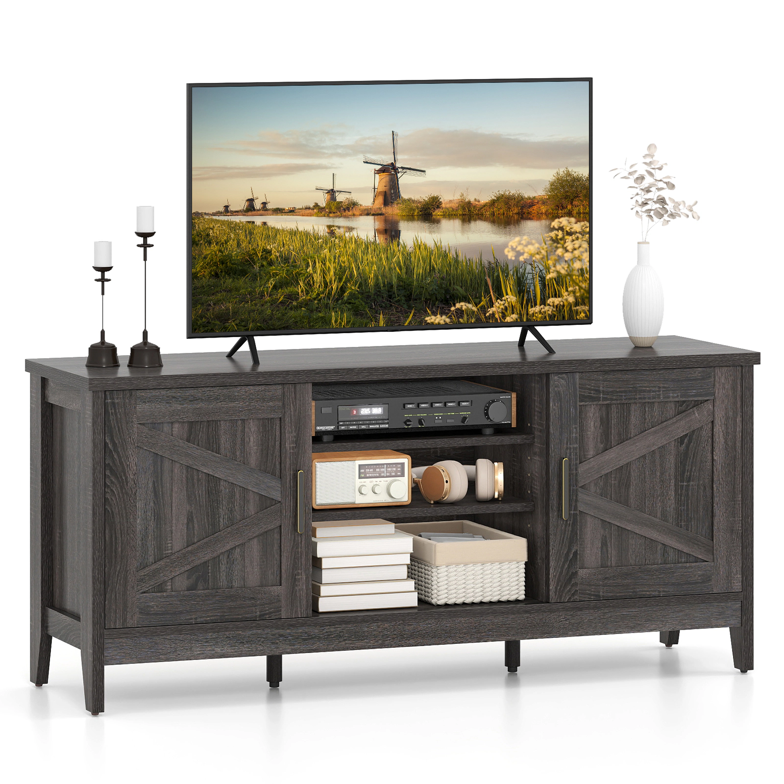 Glintex 54-Inch Farmhouse TV Stand with Barn Doors and 7-Position Shelves, Gray