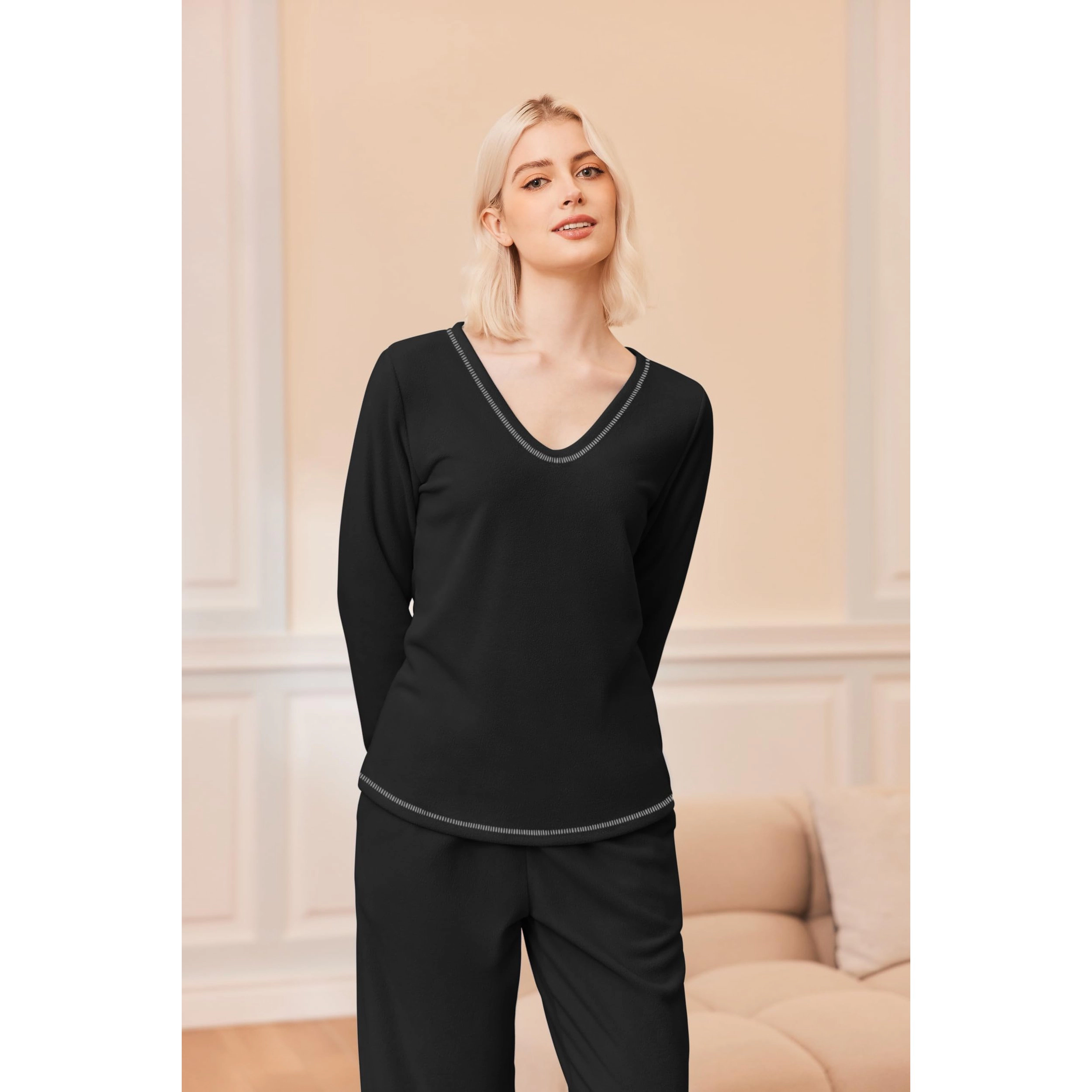 Ekouaer Womens Two Piece Pajamas Fuzzy Fleece Sleepwear Set Long Sleeve Outfits Fall Loungewear