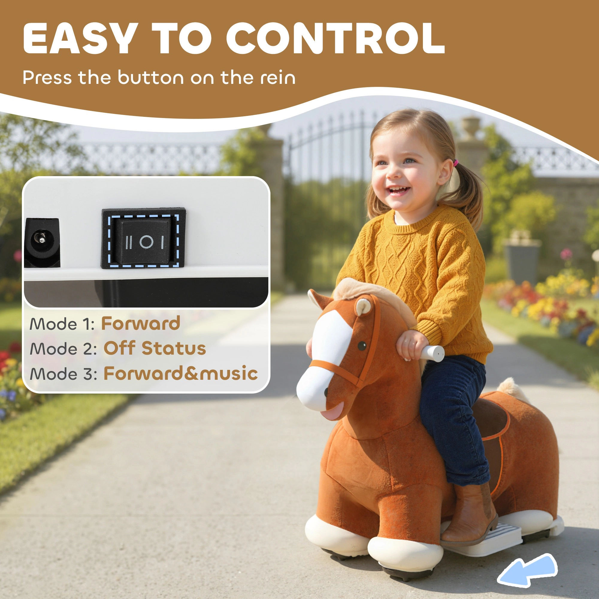 HONGGE 6V Kids Ride-On Pony Toy with Foot Pedal, Music, Washable Cover, Brown, Ages 18 Months-5 Years