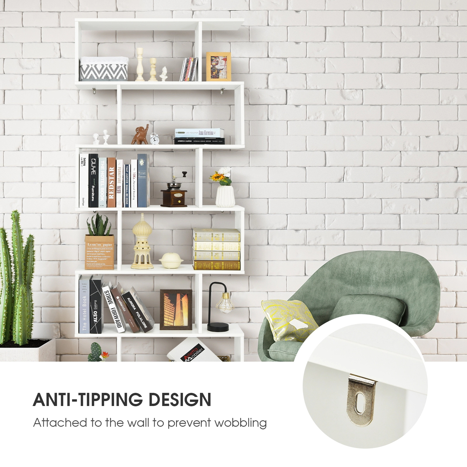 SUGIFT 6-Tier White S-Shaped Bookshelf Z-Shelf with 6 Open Cubes Freestanding Display for Study and Bedroom
