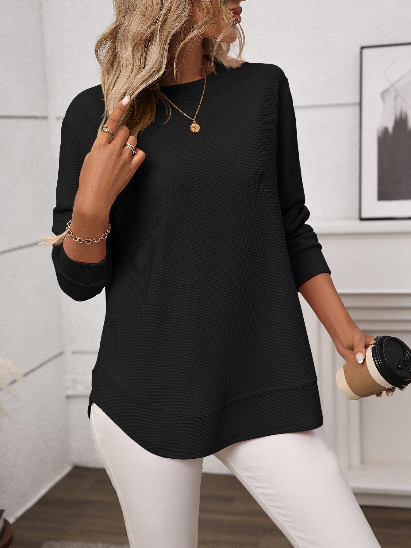 Enchanted Funland Womens Crew Neck Waffle Knit Long Sleeve Curved Hem Tunic Tops