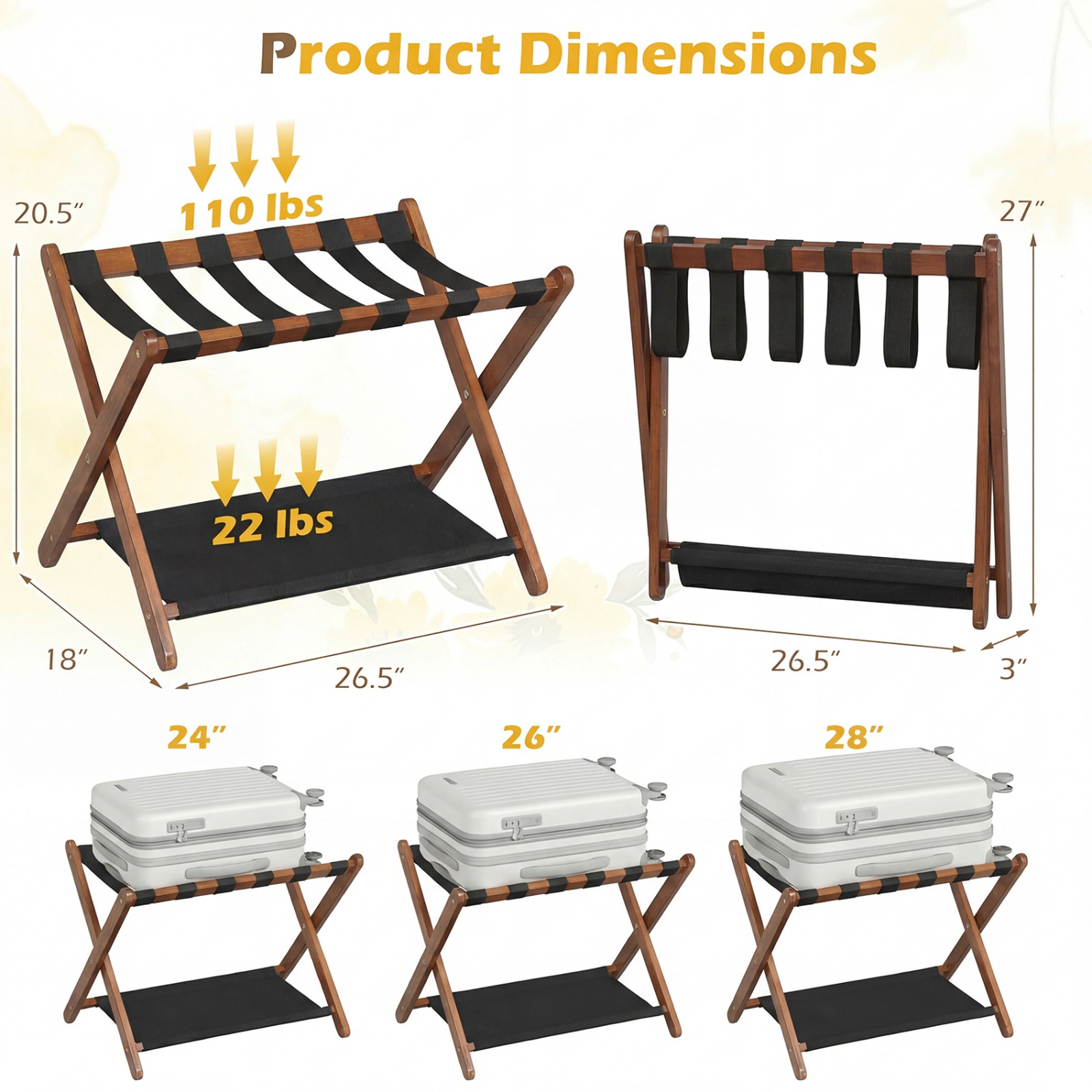SUGIFT Set of 2 Folding Rubberwood Luggage Rack Suitcase Stand with Nylon Straps for Bedroom and Closet