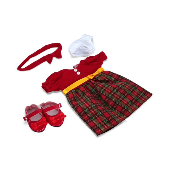 MBD® Holiday Plaid Dress Outfit Set with Tights & Shoes for 18-Inch Dolls