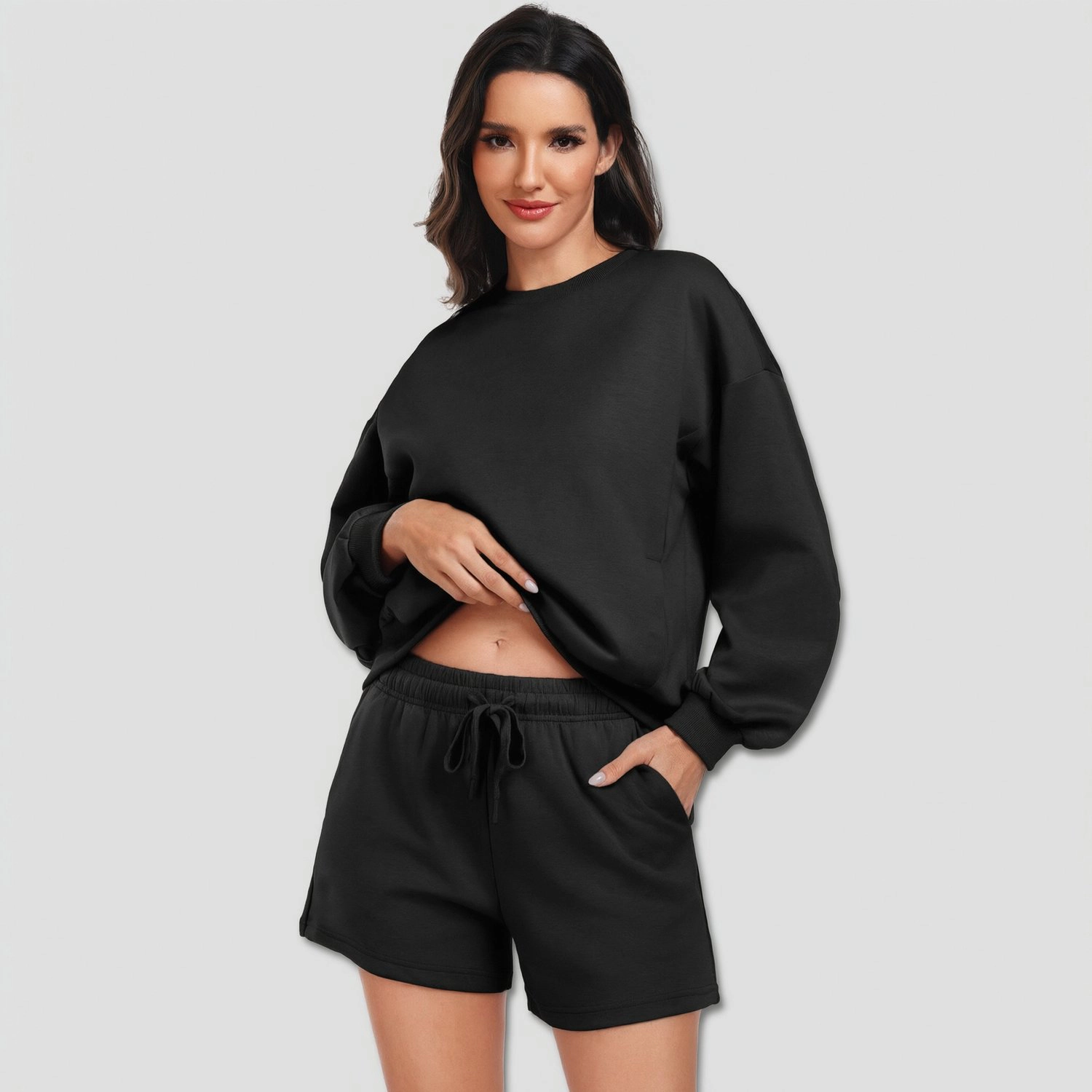 Pinspark Womens Casual Long Sleeve Sweatshirt Fall Crew Neck Drawstring Short Sets