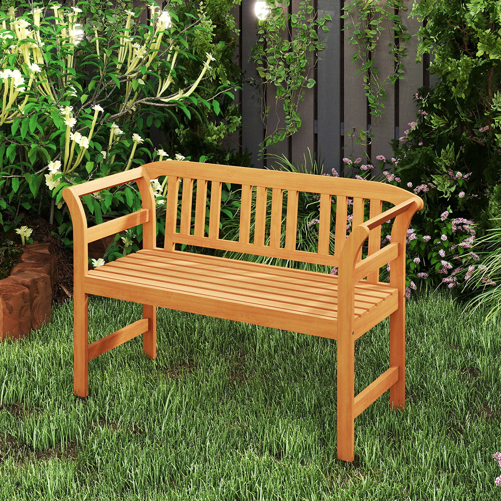 SUGIFT Acacia Wood 2-Person Patio Loveseat Natural with Backrest and Armrests