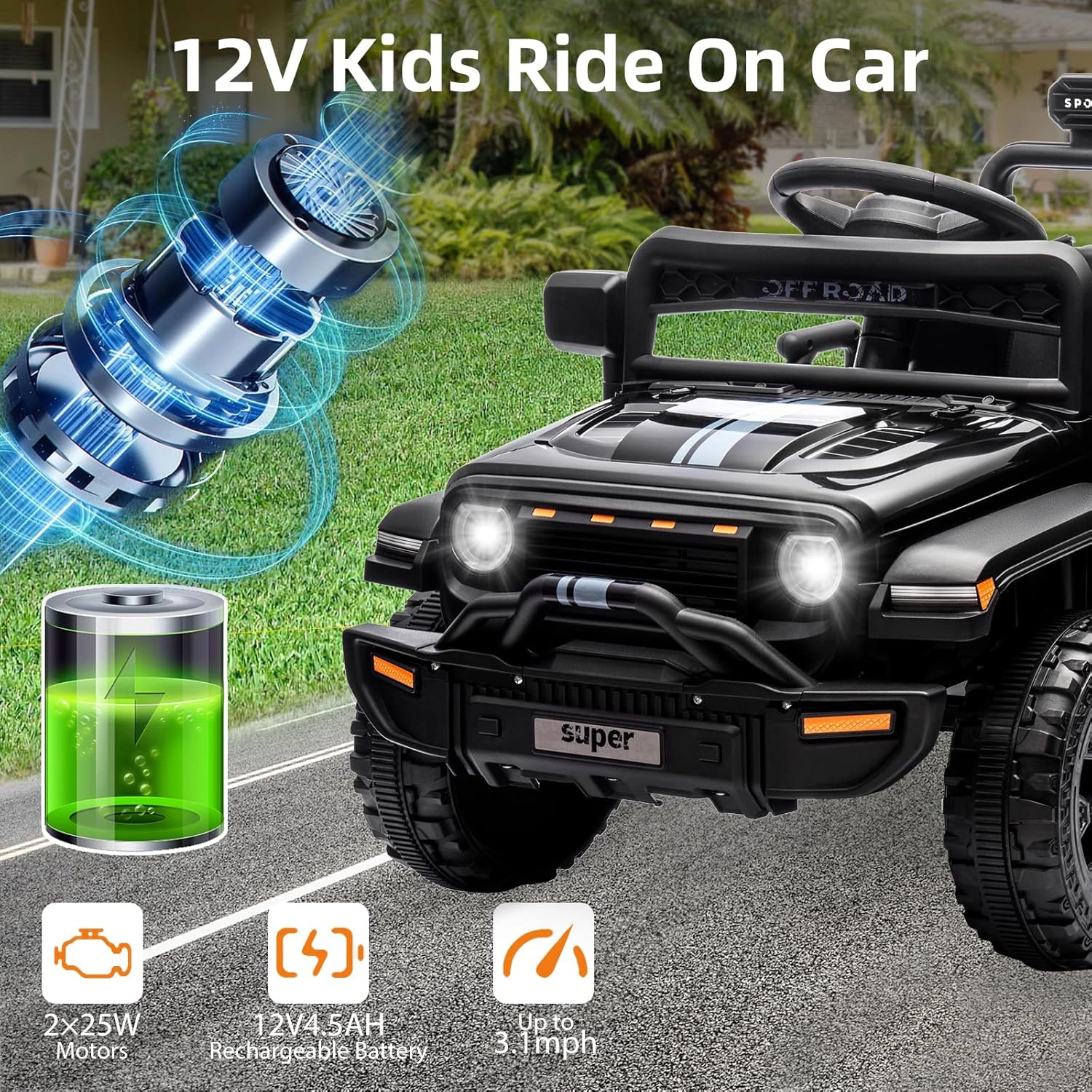 Enjyam 12V Kids Ride On Truck, Electric Vehicle with Parent Remote, LED Lights, Music, 2 Speeds
