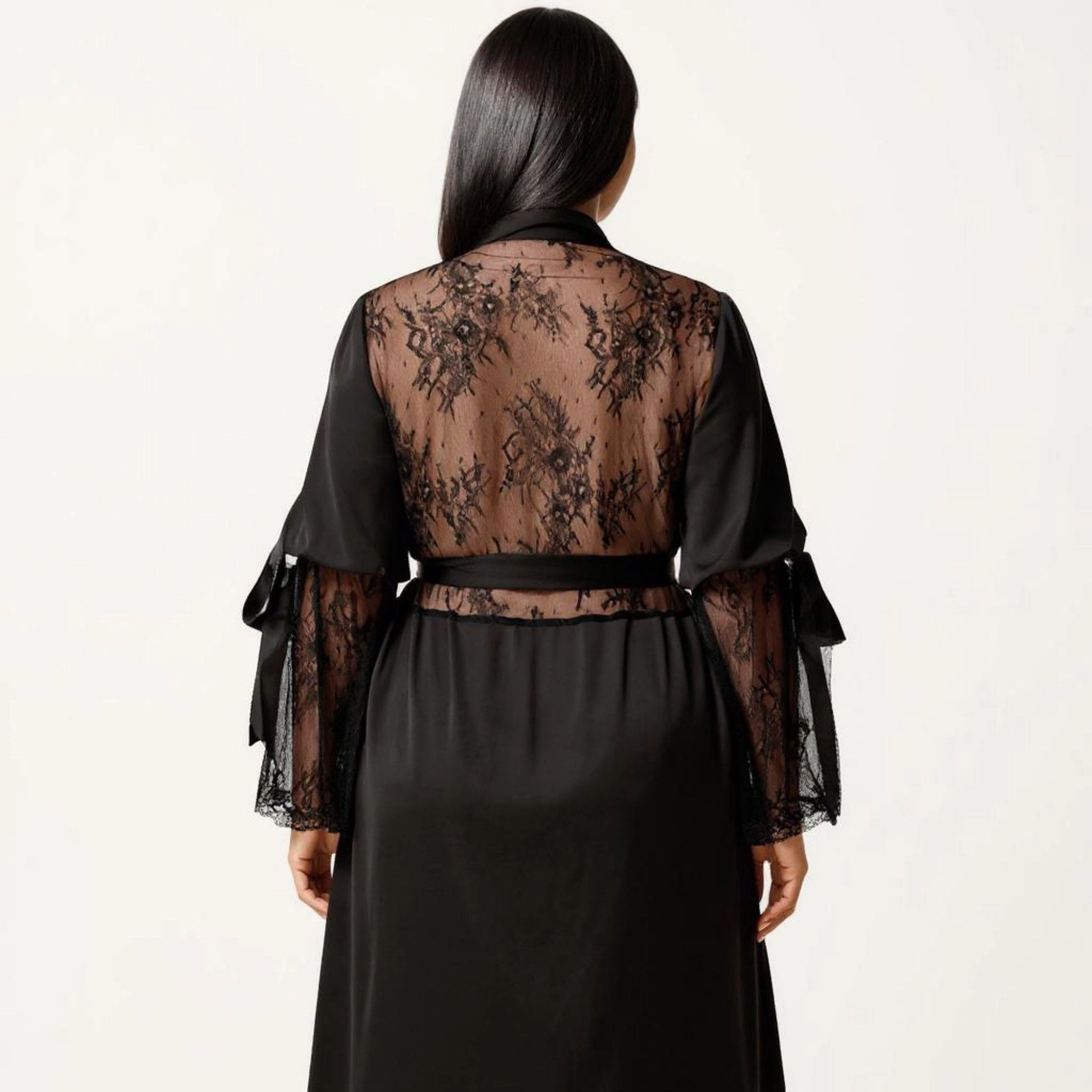 Anna-Kaci Women's Plus Long Satin Robe Lace Sleeve Wrap Nightgown Belted Kimono Sleepwear