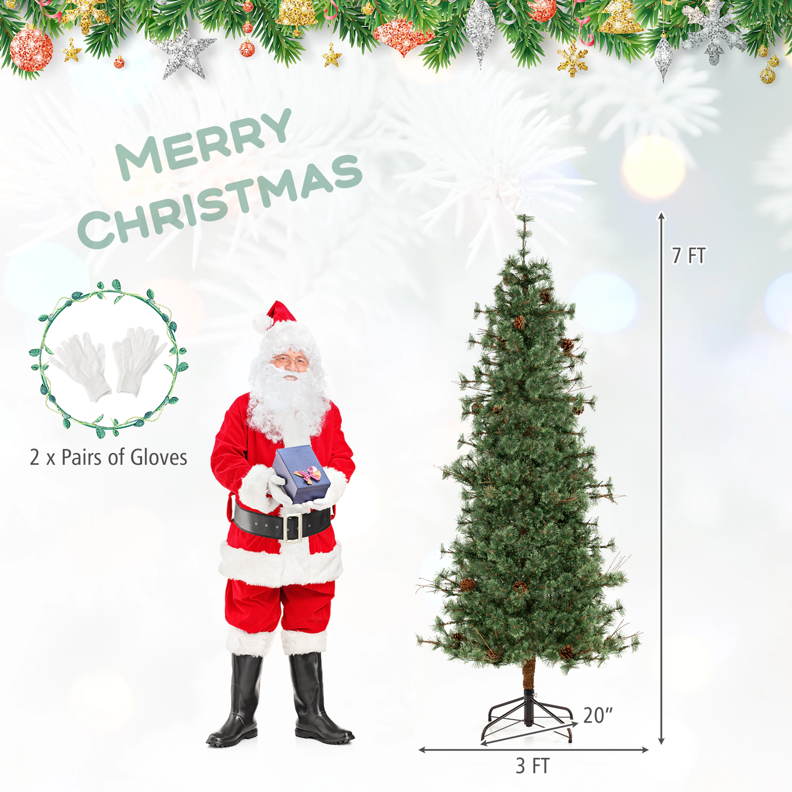 SUGIFT 7 ft Pre-Lit Christmas Tree with 502 Branch Tips 300 Warm White LEDs and 28 Pine Cones