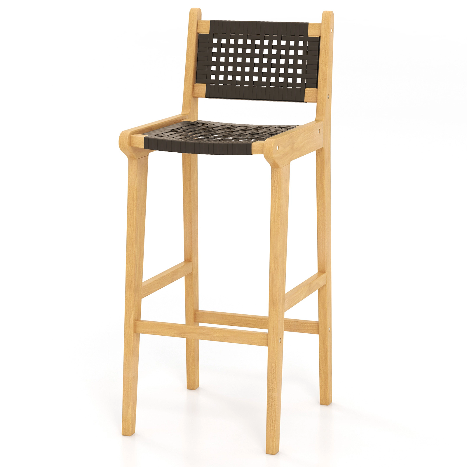 SUGIFT Rattan Teak Wood Bar Stool with Backrest and Footrest 330-lb Capacity 30-in Seat Height Black & Natural