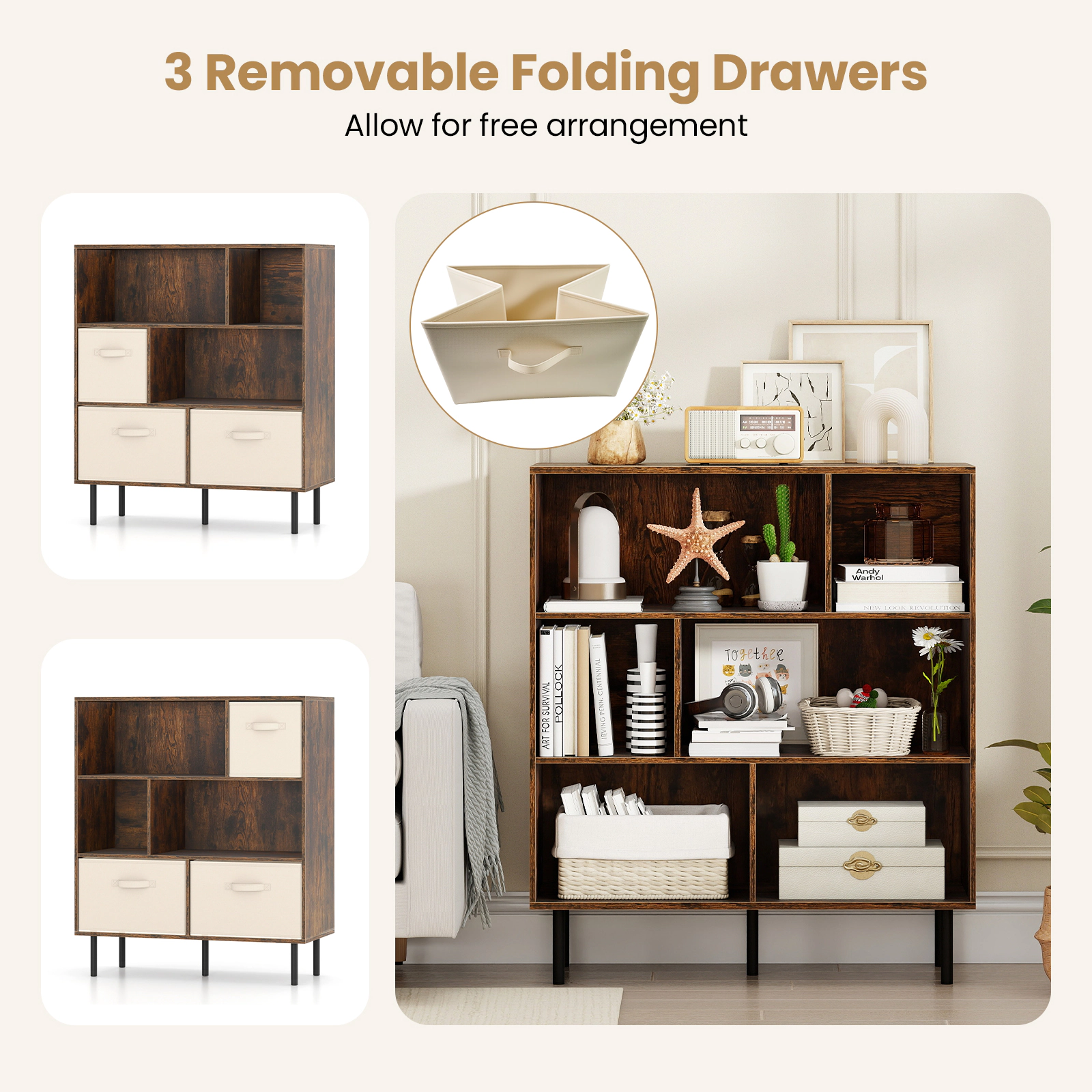 SUGIFT 6-Cube Bookshelf with 3 Removable Folding Fabric Drawers 330-lb Capacity Rustic Brown