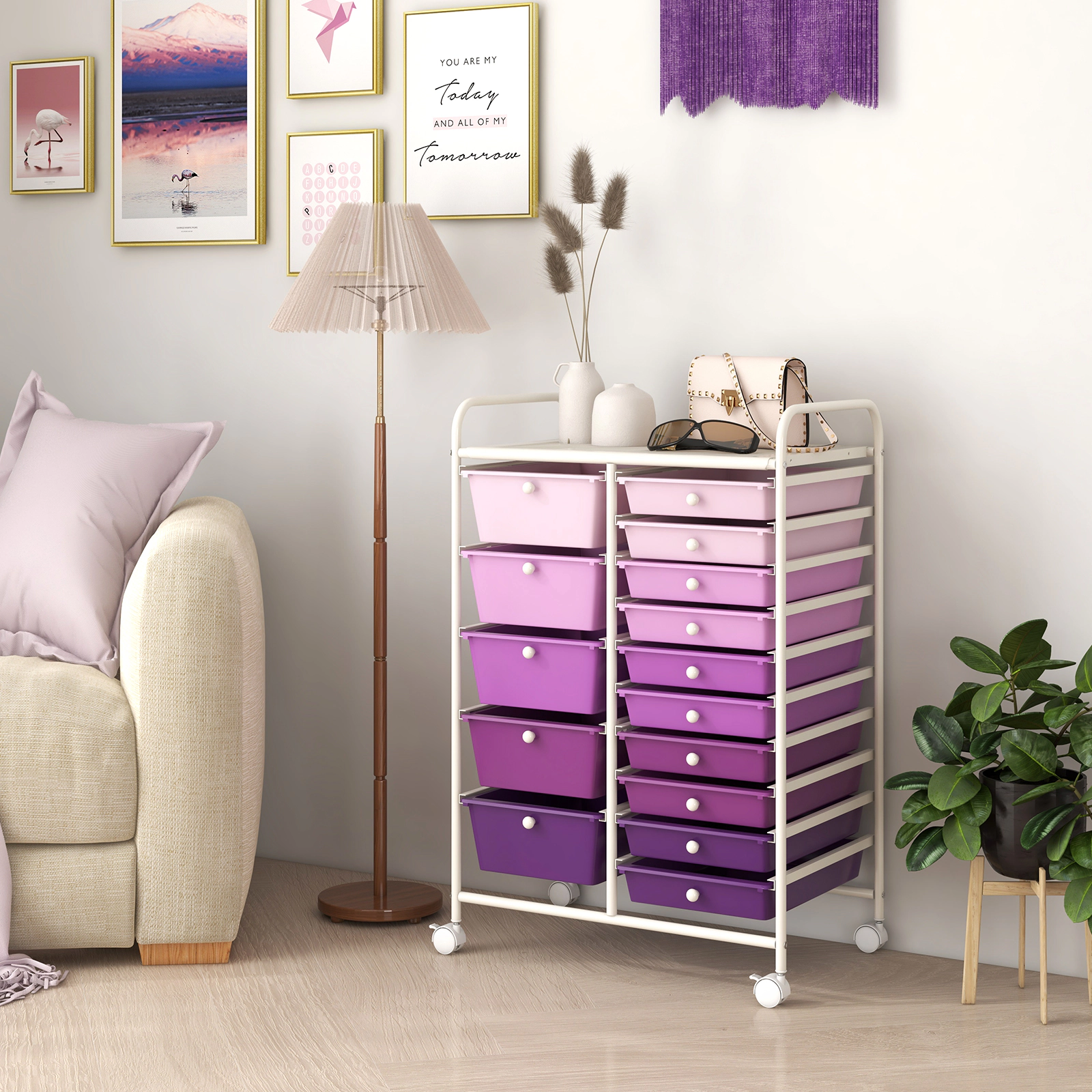 SUGIFT 15-Drawer Rolling Utility Organizer Cart with Removable Plastic Drawers 22-lb Top Capacity Purple