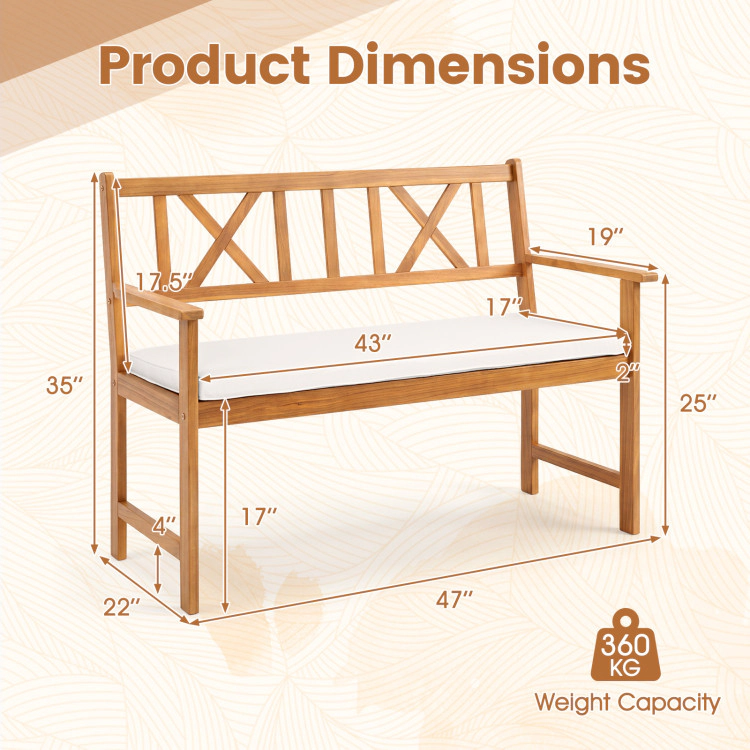Hivvago 2-Person Patio Acacia Wood Garden Chair With Removable Seat Cushion