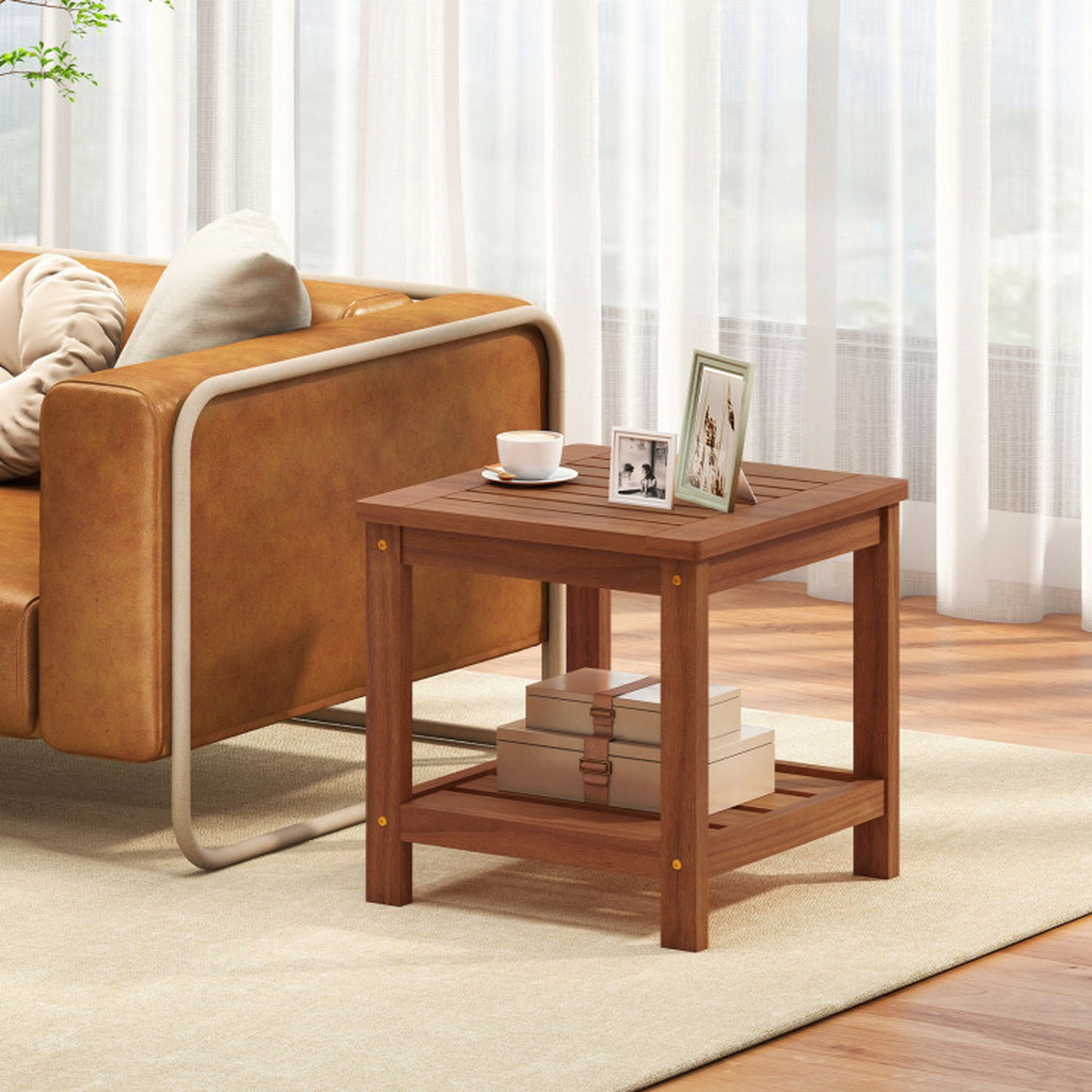 SUGIFT Storage Shelf for Patio 2-Tier Natural Outdoor Solid Wood Side Table