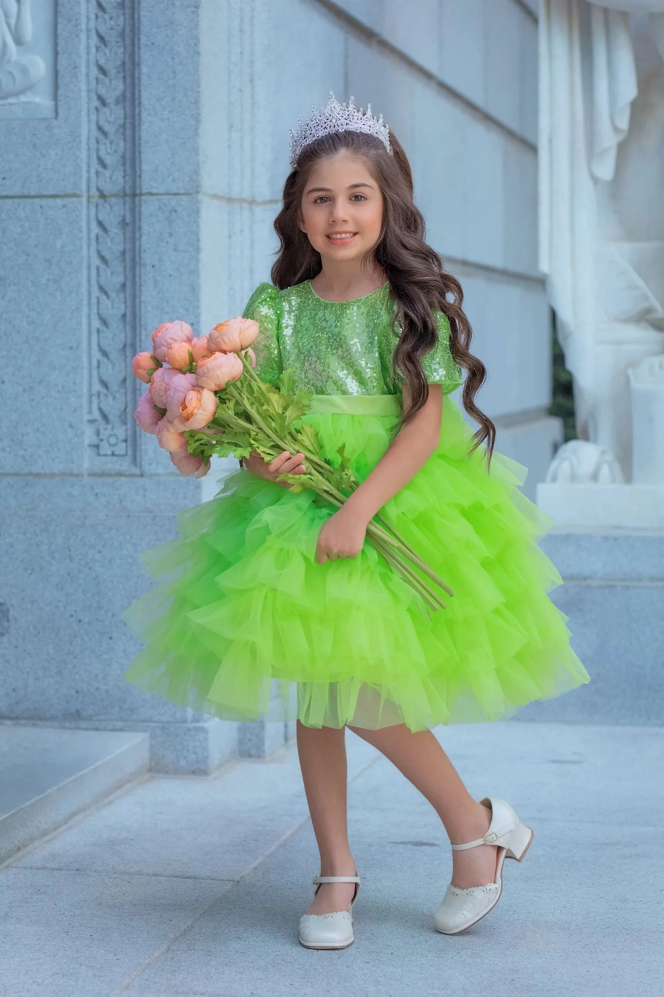 Faeella Girls Enchanted Lime Sequin Tulle Birthday Dress