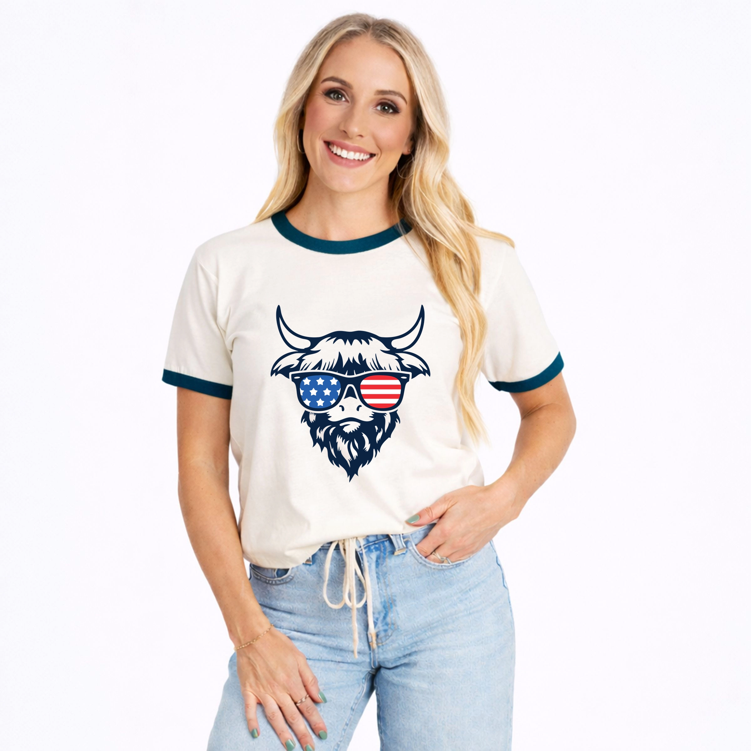 Simply Sage Market - Patriotic Cow Sunglasses Women's Ringer Graphic T-Shirt