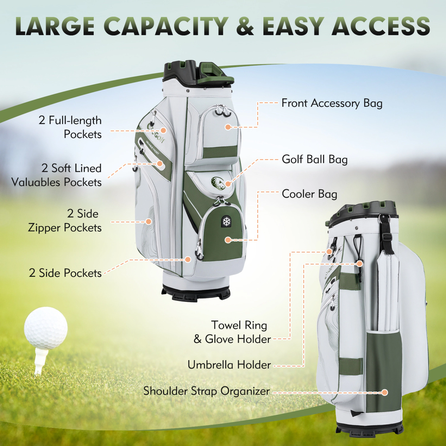 LJG Molded Lock Top Golf Cart Bag with 14-Way Full Length Dividers and 11 Pockets