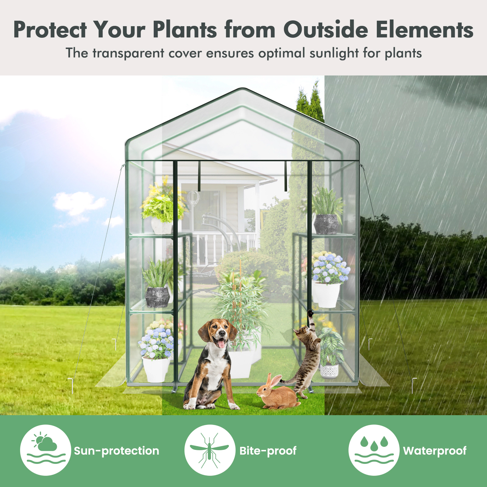 SUGIFT Walk-in Greenhouse with 3 Tiers 8 Mesh Shelves Clear PVC Cover and Roll-Up Zippered Door
