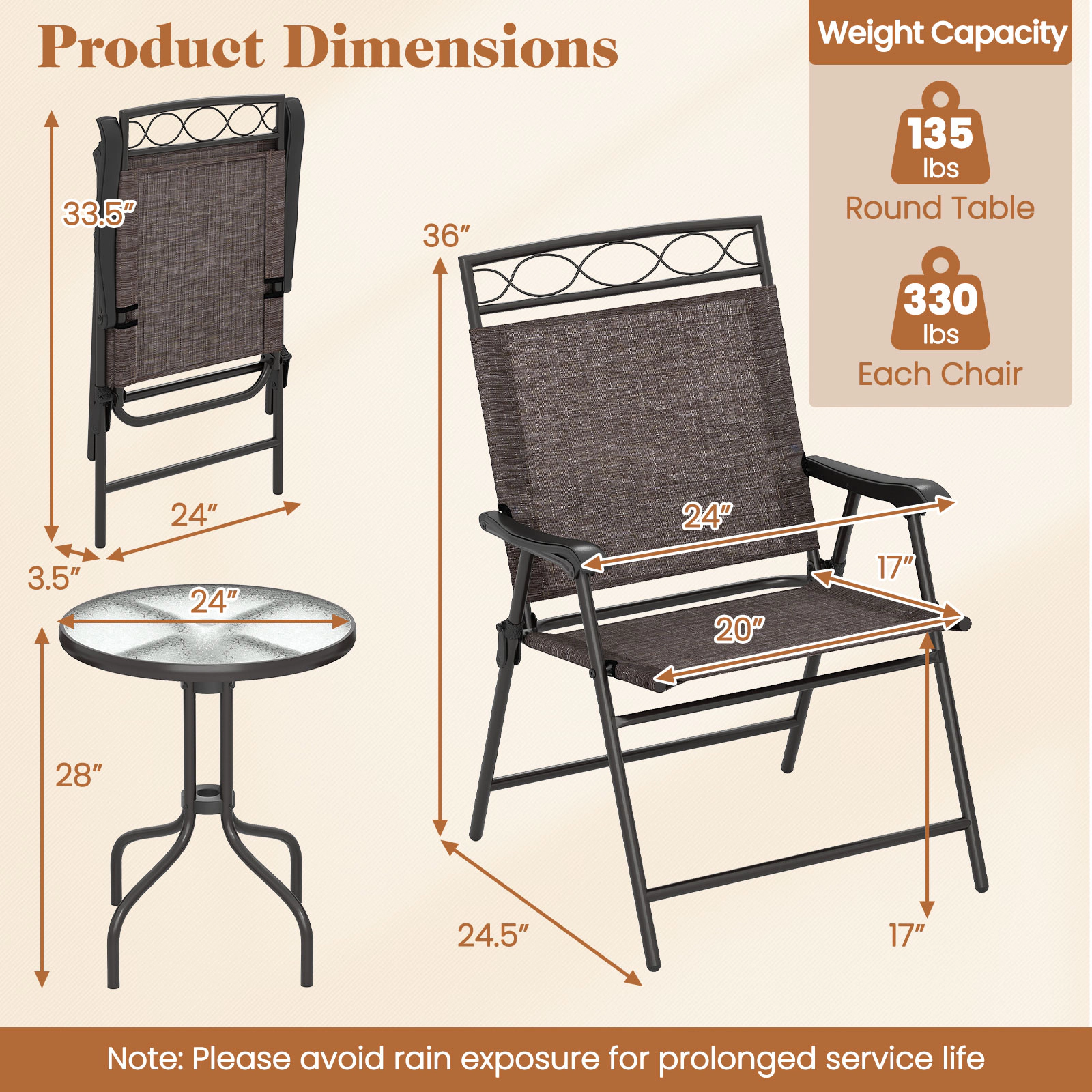 LJG 3 Pieces Outdoor Bistro Dining Furniture Set with 1.57 Inch Umbrella Hole