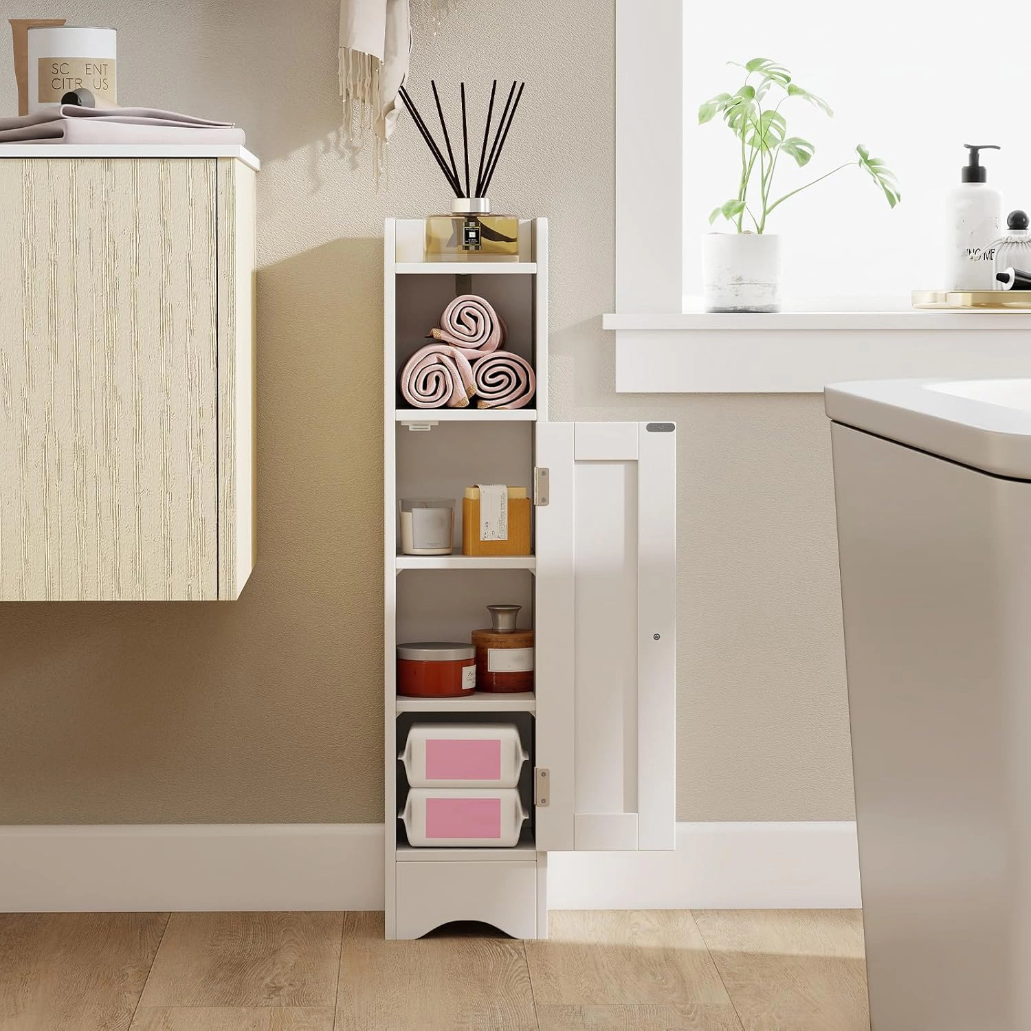 Slickblue Narrow Bathroom Storage Cabinet White Toilet Paper Holder Cabinet Open Shelf