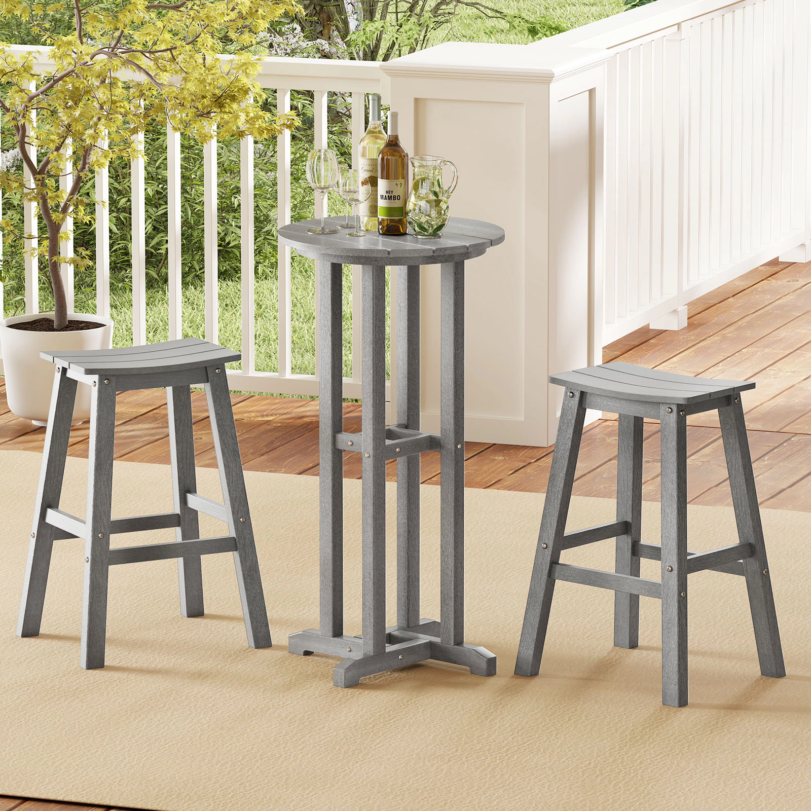 SUGIFT 21.5-in Round HDPE Bar Height Dining Table 110-lb Capacity Slatted Tabletop for 25.5-31.5-in Seat Height Gray