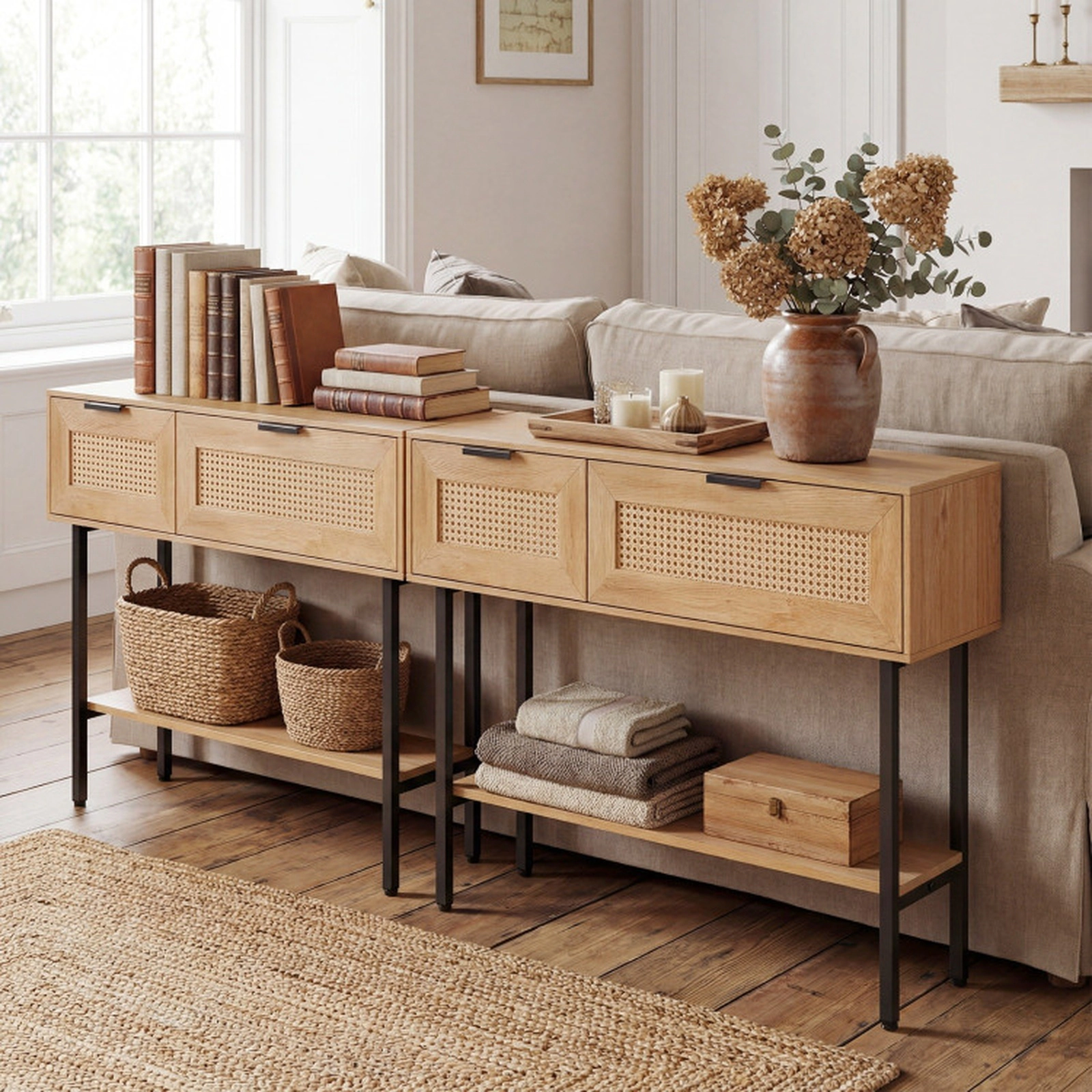 SUGIFT Rattan Console Table with 2 Storage Cabinets and Open Shelf 90-lb Top Capacity Black & Natural