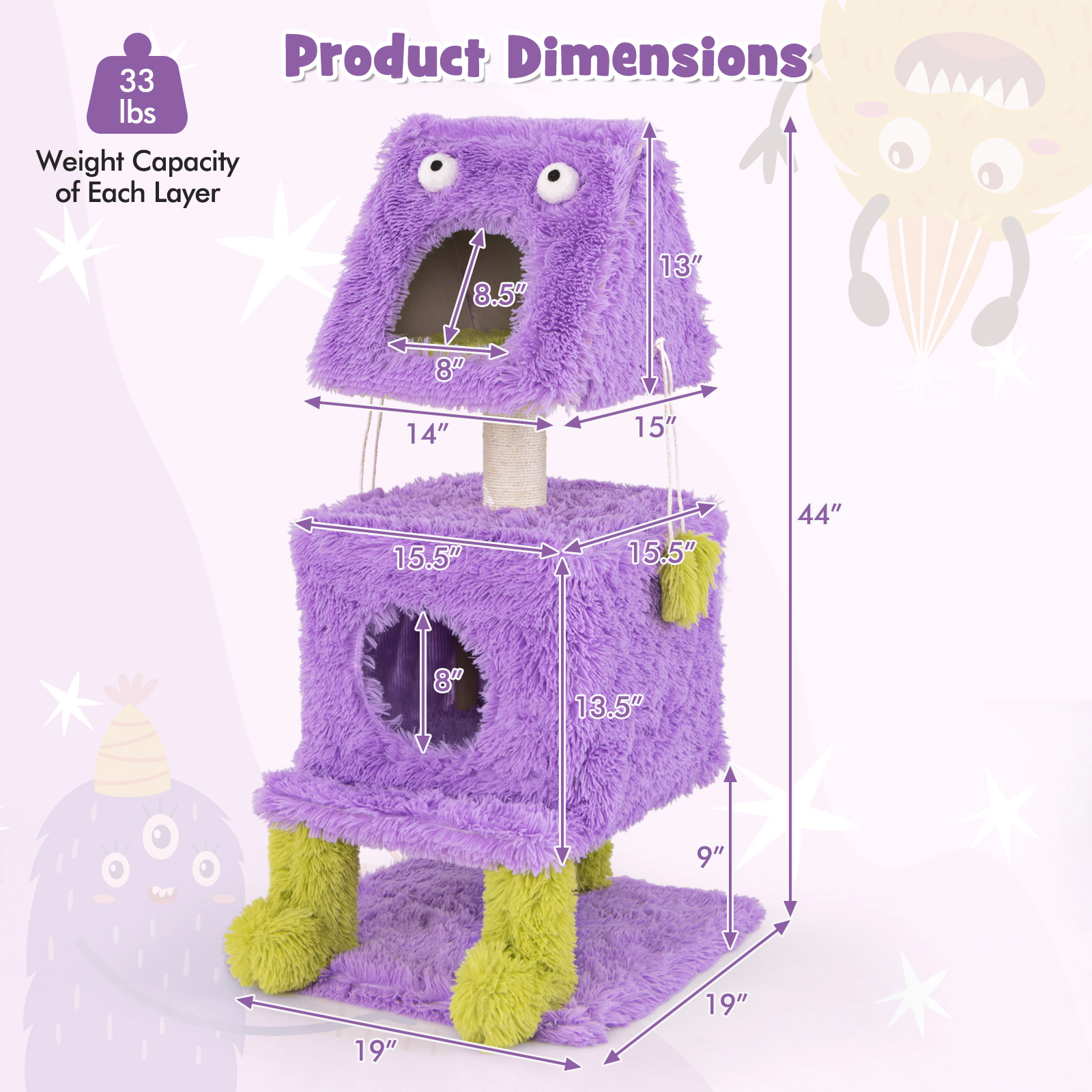 SUGIFT Monster Cat Tower Purple 44 in with 2 Private Condos and Plush Covering