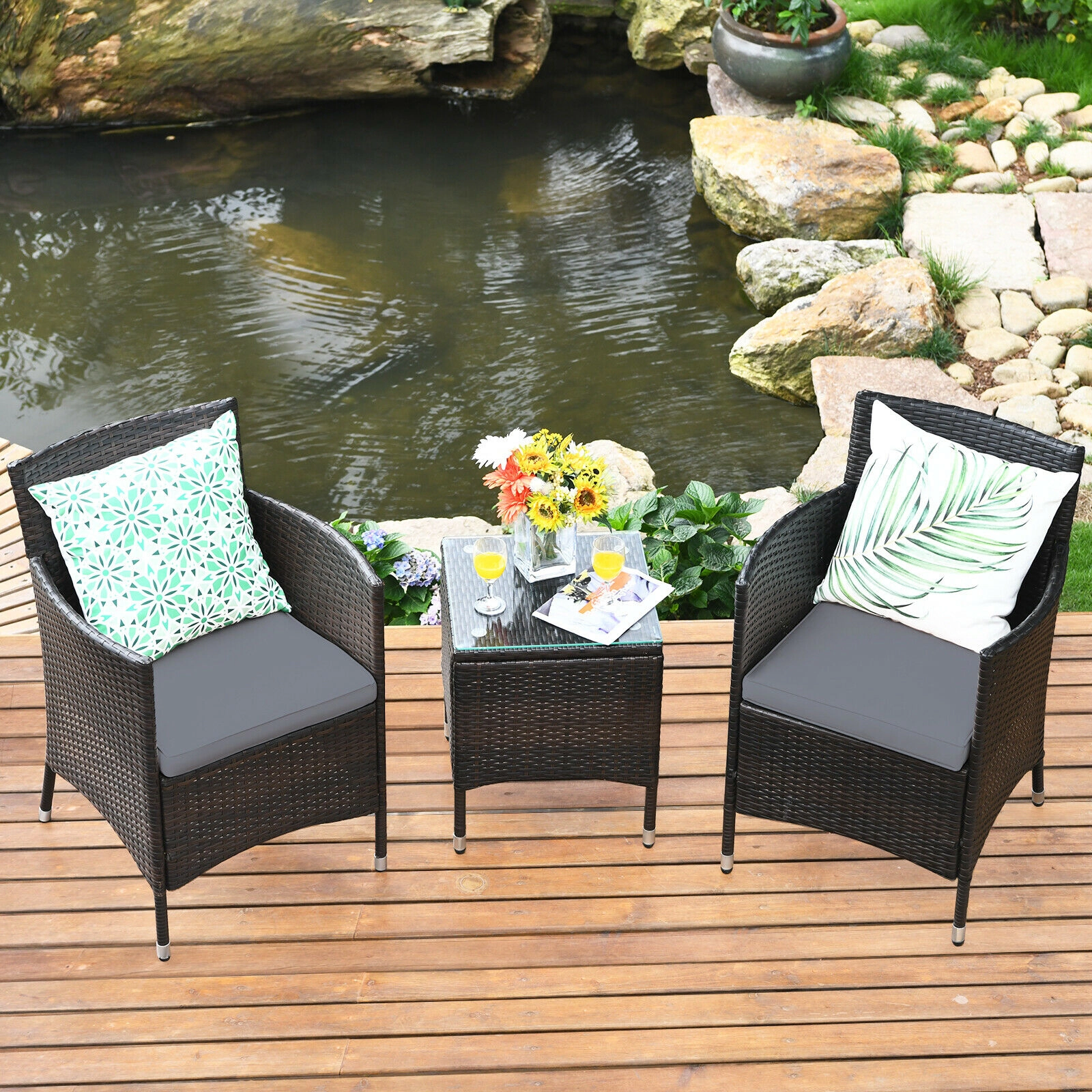 SUGIFT 3-Piece Gray Outdoor Rattan Wicker Set with Cradle-Seat Chairs and Glass Table