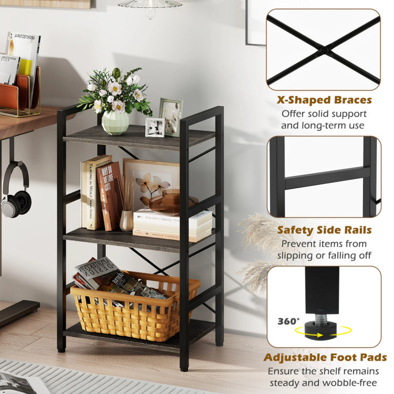 SUGIFT 4-Tier Bookshelf with X-Braced Metal Frame and Adjustable Foot Pads