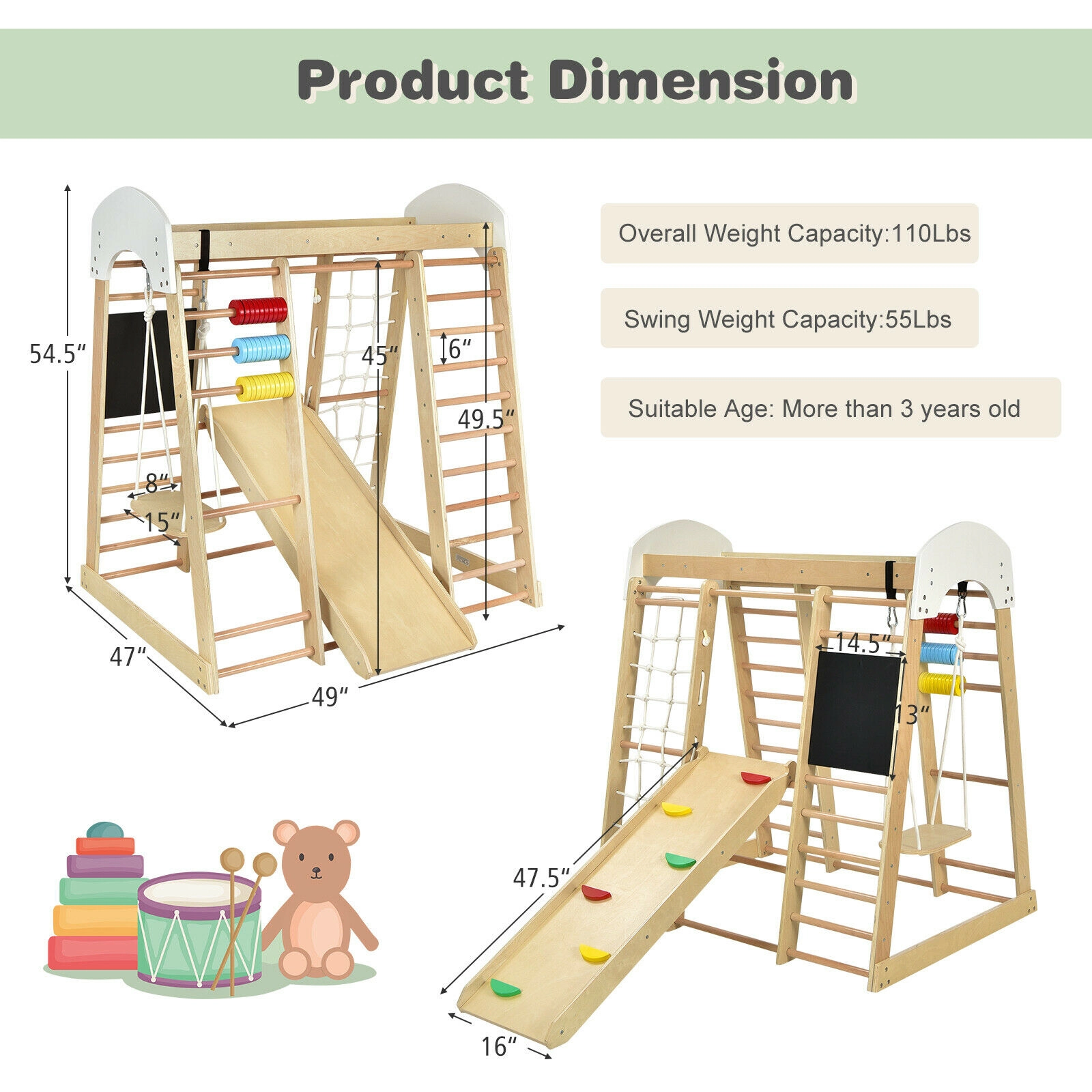 SUGIFT Natural 49 Inch for Children 8-in-1 Wooden Indoor Playground Climbing Gym Playset