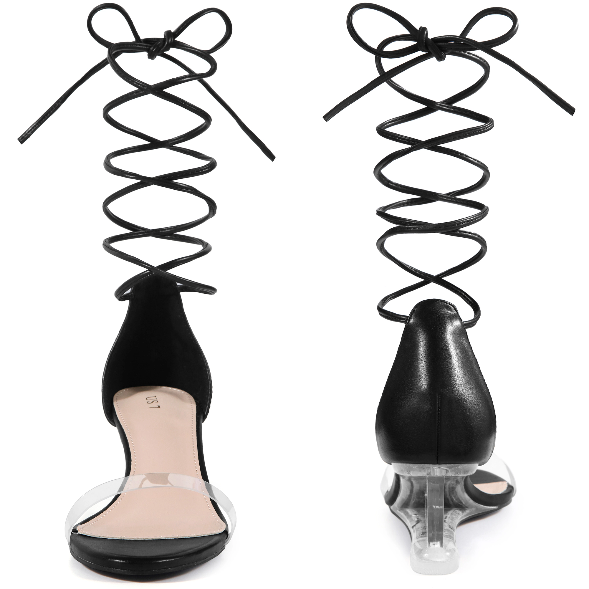 BLISSFUL STEP Women's Clear Strap Lace Up Open Toe Wedges Heel Sandals