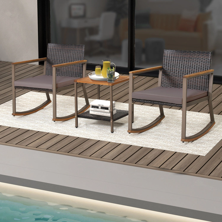 Hivvago 3 Pieces Rattan Rocking Bistro Set With Coffee Table And Cushions