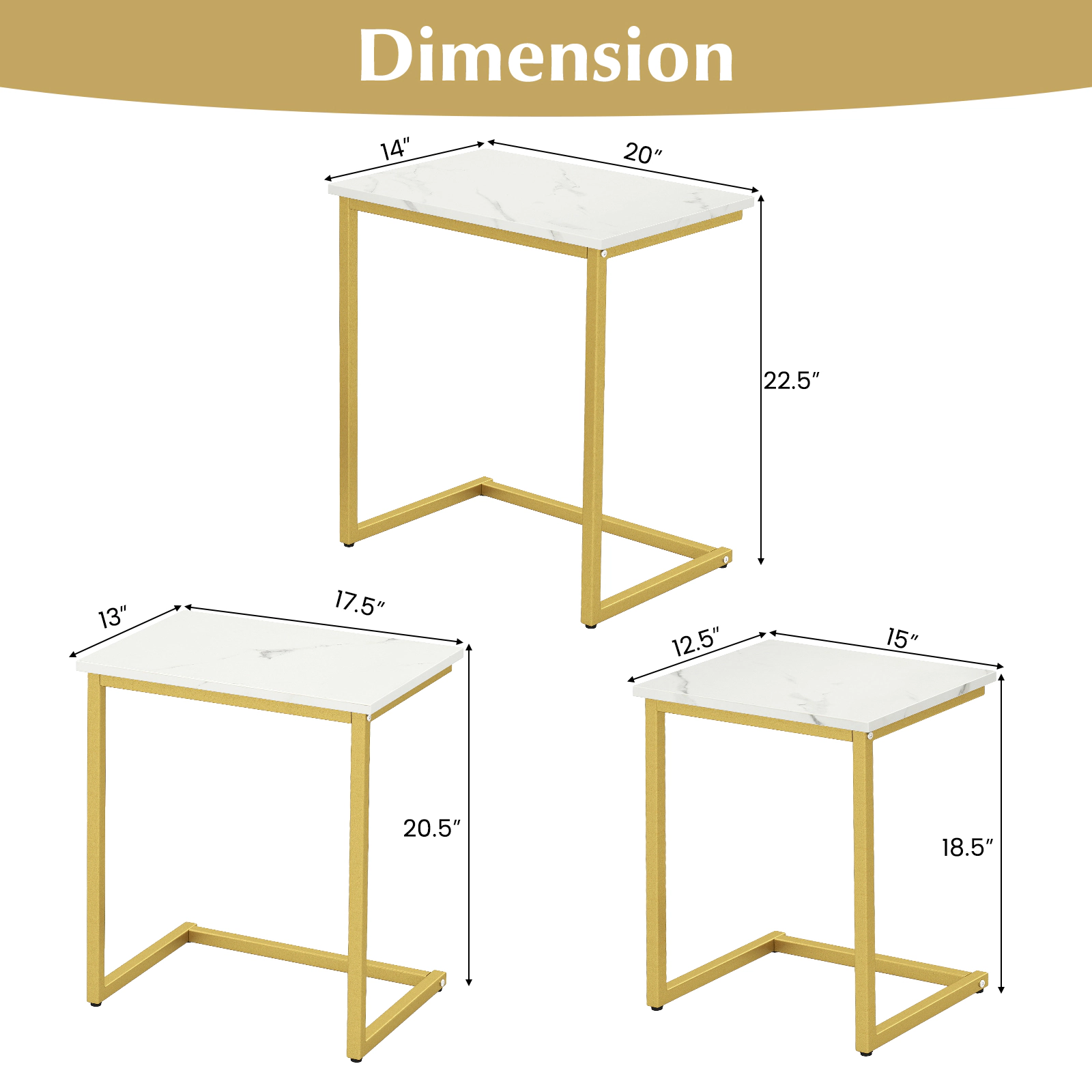 SUGIFT 3-Piece Stackable C-Shaped Coffee and End Table Set 44-lb Capacity MDF and Steel Frame 20-in Large White