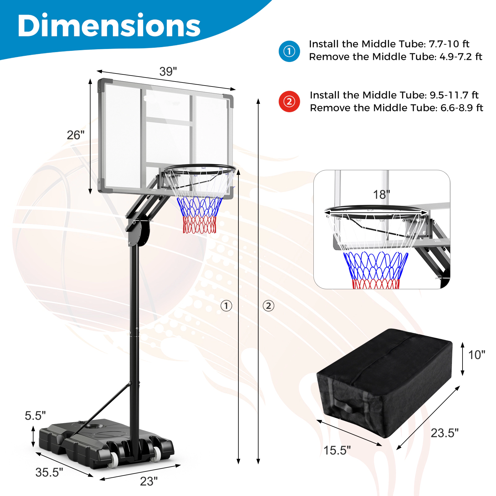 SUGIFT Black Adjustable Basketball Hoop with Shatterproof PET Backboard and Weight Bag 4.9-ft to 10-ft H 18-in Rim