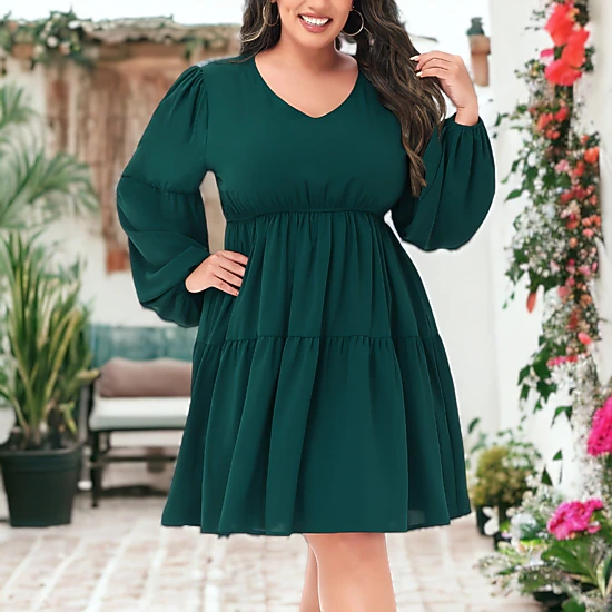 Anna-Kaci Women's Plus Size Tunic V Neck Long Sleeve Smocked Casual Loose Shift Dresses
