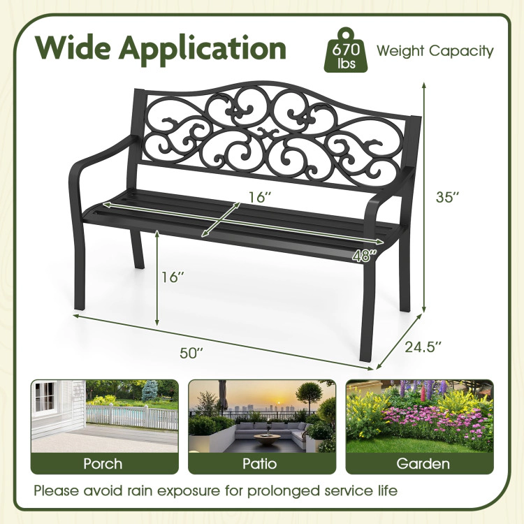 Hivvago 50 Inches Outdoor Cast Iron Metal Patio Bench With Floral Design Backrest And Slatted Seat