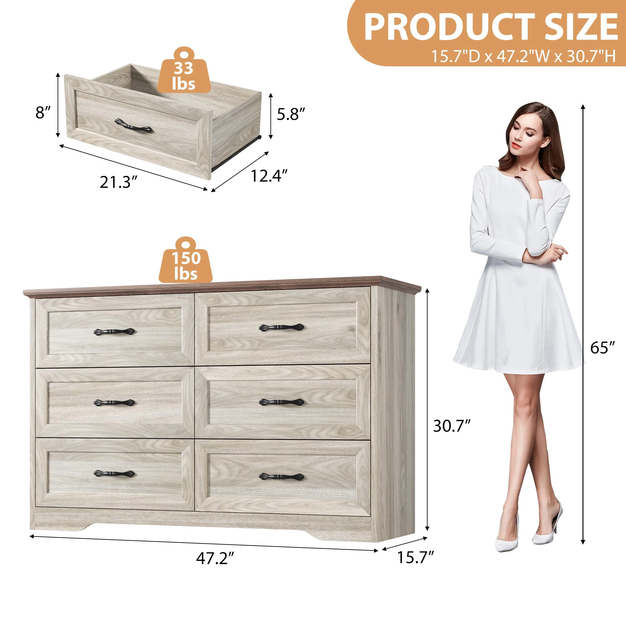 Farmhouse 6 Drawer Dresser with Metal Handles, 47.2" Wide Wooden Storage Cabinet for Bedroom