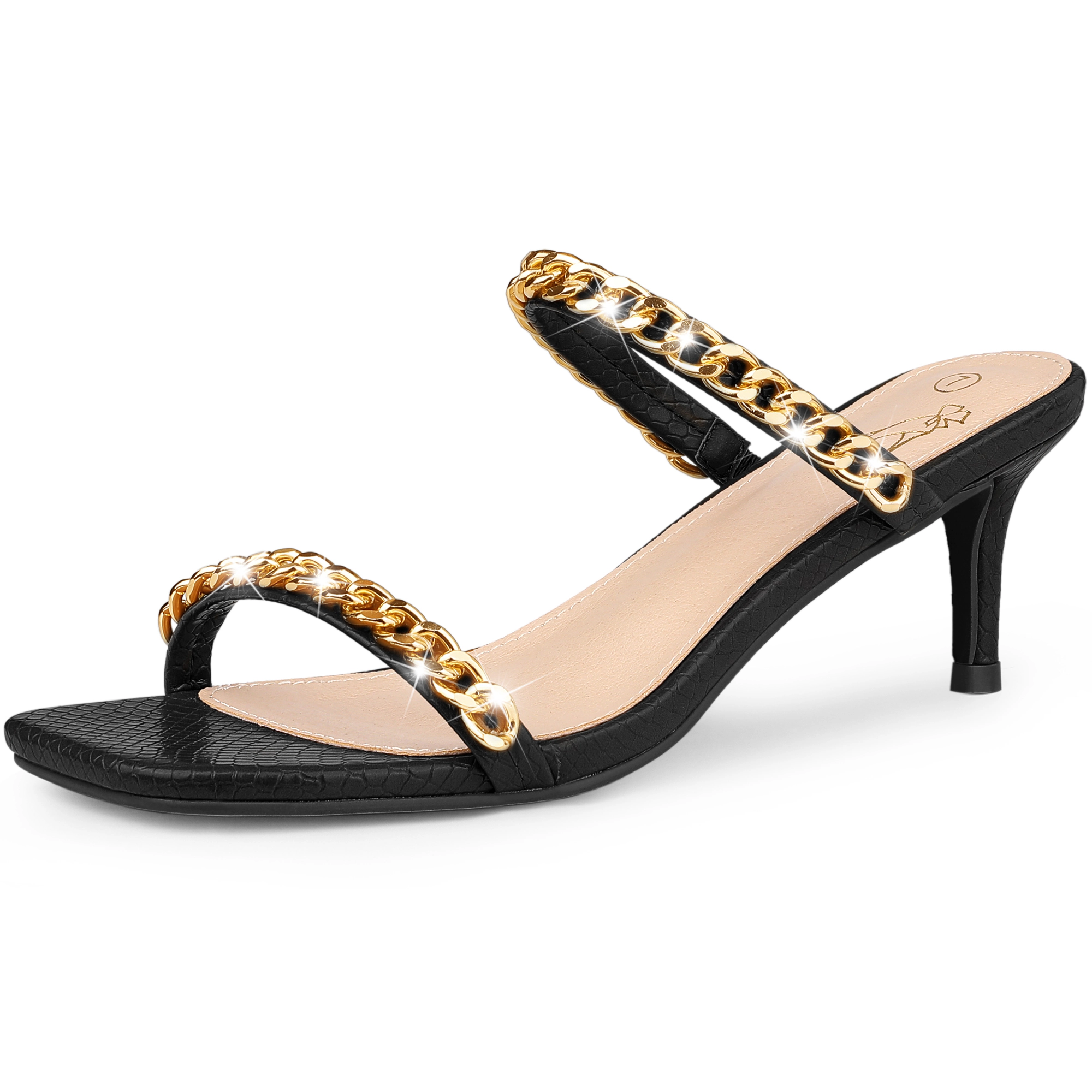 BLISSFUL STEP Women's Snakeskin Print Square Toe Gold Chain Stiletto Heels Sandals