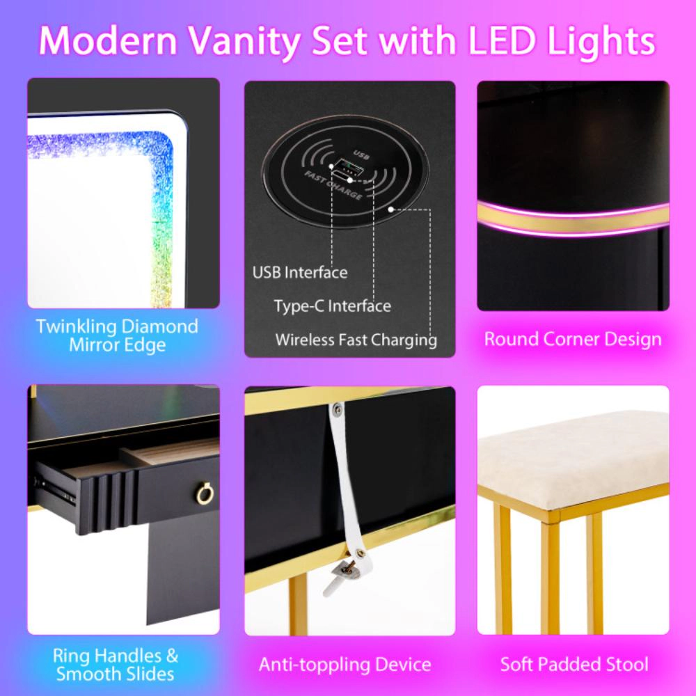Hivvago Vanity Table Set With Rgb Led Lights And Wireless Charging Station