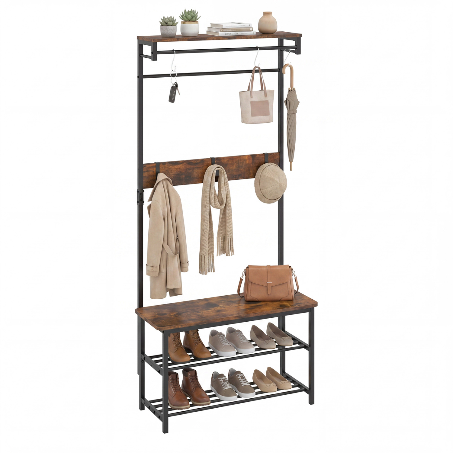 SUGIFT 4-in-1 Hall Tree Coat Rack with Shoe Bench and Removable Hooks 220-lb Bench Capacity Rustic Brown + Black