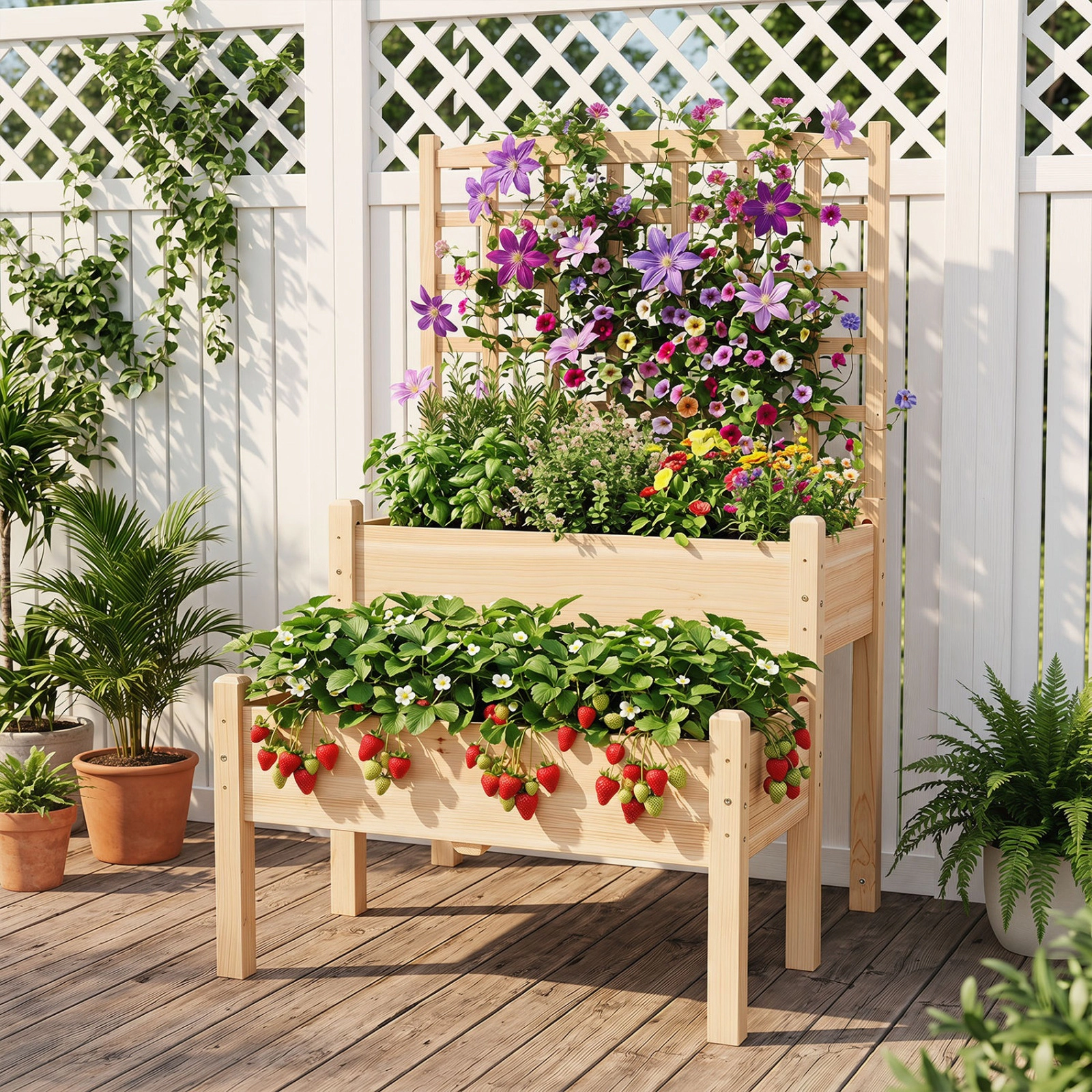 SUGIFT 2-Tier 54-in Tall 110-lb Capacity Fir Wood Raised Garden Bed with Vertical Trellis and Drain Holes