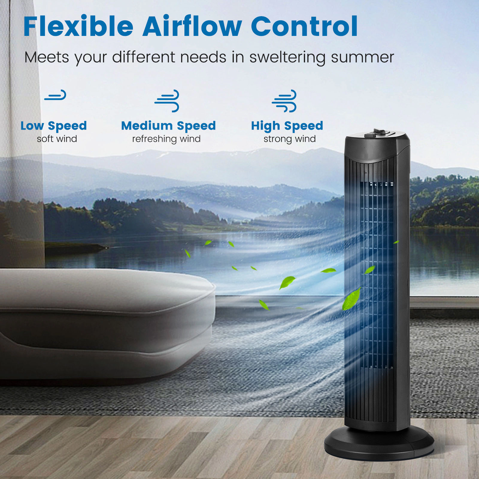 SlickBlue Portable Floor Tower Fan with 3-Speed Airflow for Home and Office
