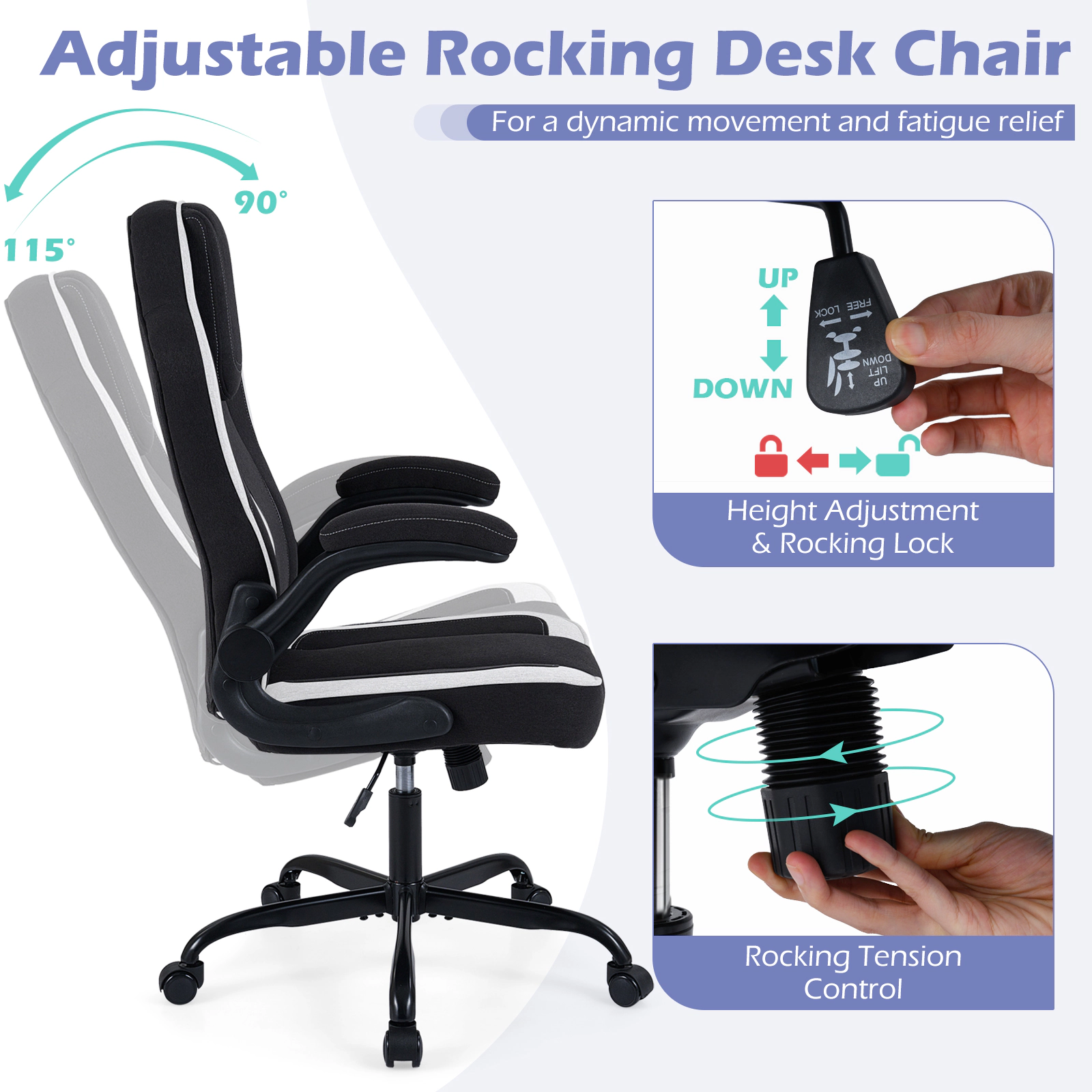 SUGIFT Ergonomic Linen Computer Office Chair with 90° Flip-up Armrests 275-Lb Capacity High Back White & Black