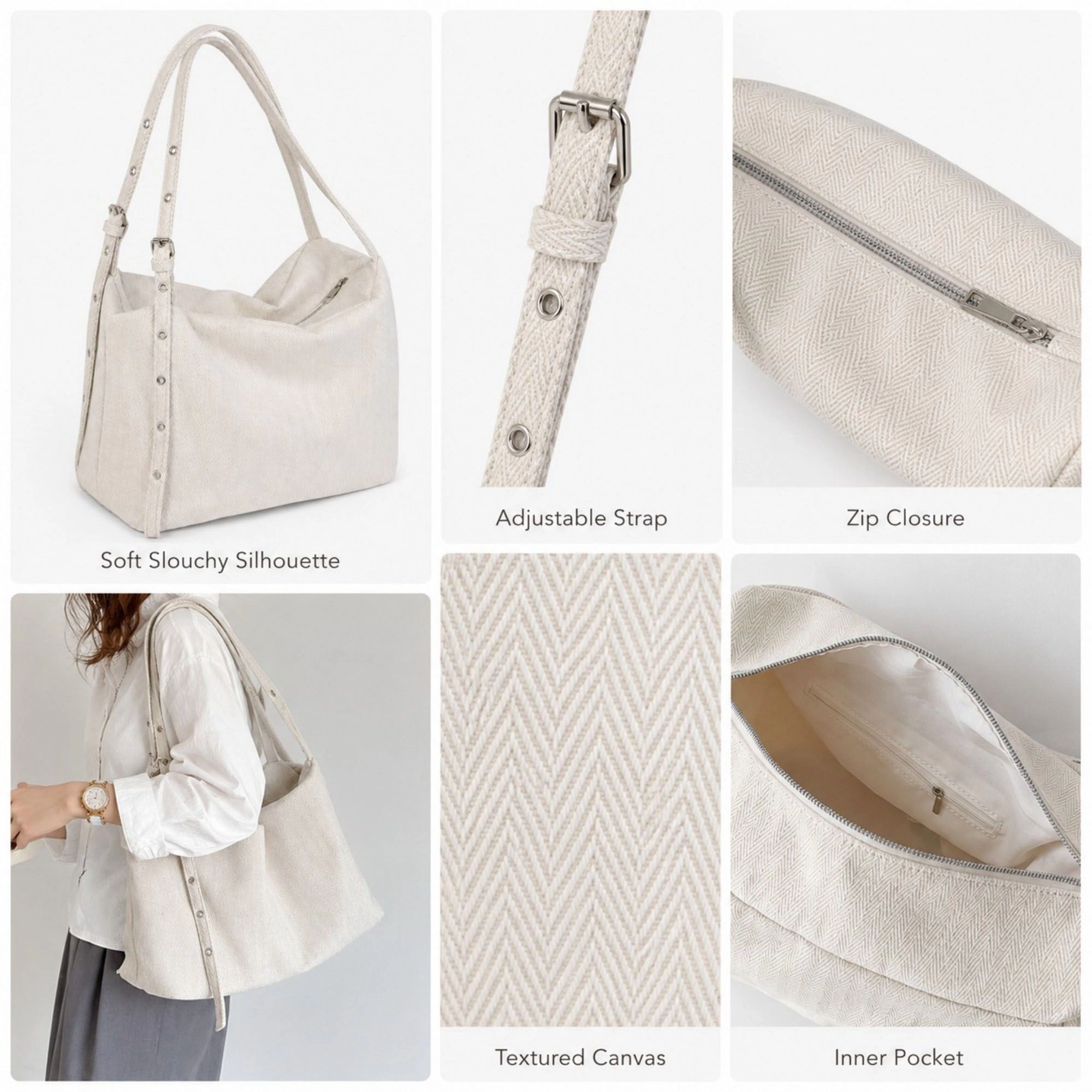 Alilang Women's Herringbone Tote Bag with Adjustable Strap and Rivet Detail