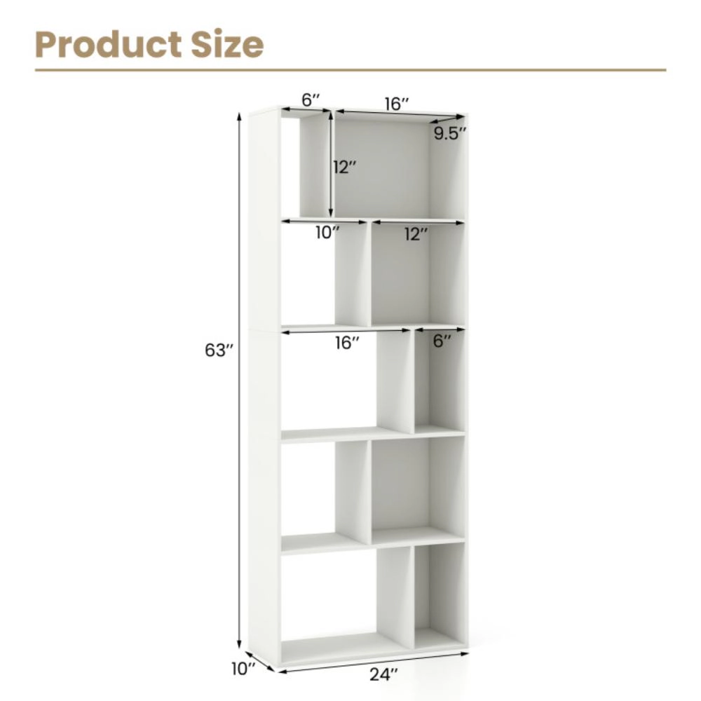 Hivvago 63 Inch 5-Tier Geometric 10-Cube Bookshelf Tall Bookcase-White